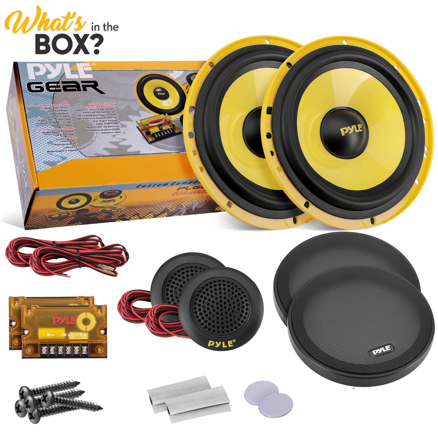PYLE 2Way Custom Component Speaker System 6.5” 400 Watt Component with Electroplated Plastic Basket, Butyl Rubber Surround & 40 Oz Magnet Structure Wire Installation Hardware Set Included PLG6C, Yellow