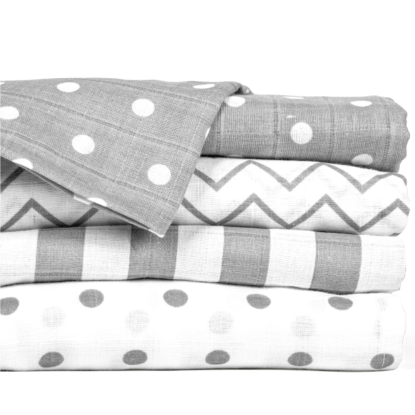 CuddleBug Muslin Swaddle Blankets 4Pack - 47x47inch Soft, Lightweight & Breathable Cotton Ideal for Swaddling Newborn Babies - Spots N' Stripes