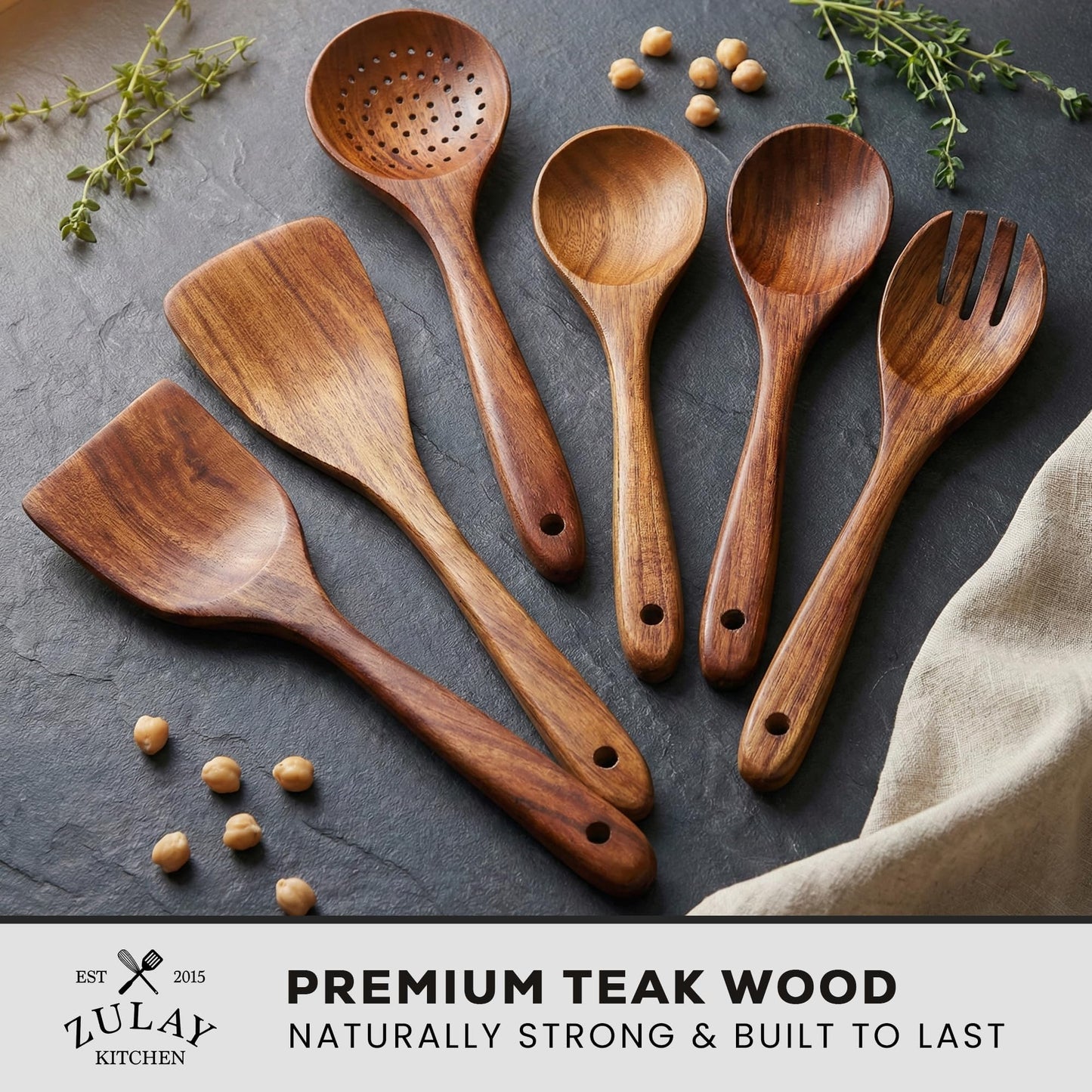 Zulay Kitchen 6-Piece Wooden Spoons for Cooking - Smooth Finish Teak Utensils - Soft Comfortable Grip Wood Spoons - Non-Stick Wooden Cooking Utensils - Teak Spoon Utensil Sets