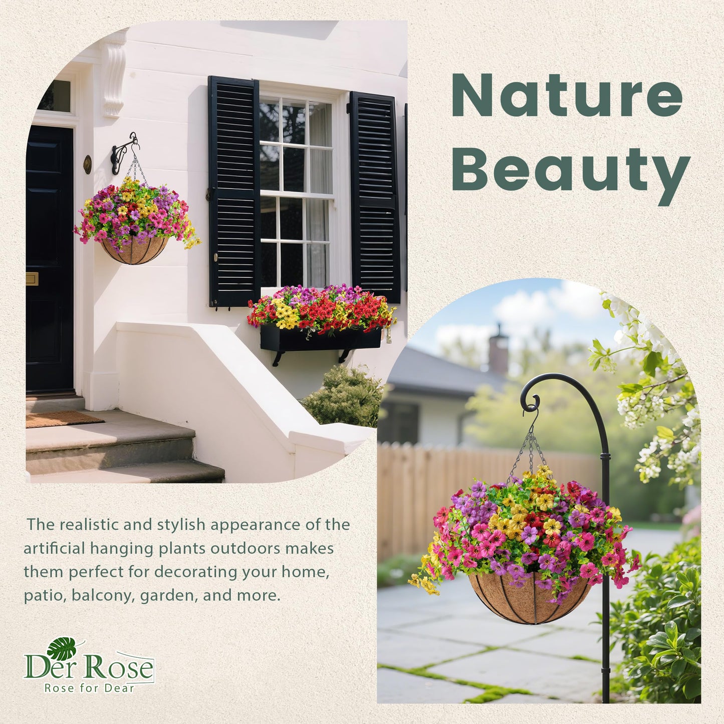 Der Rose Artificial Flowers for Outdoors Hanging Basket, Fake Flowers UV Resistant for Garden Front Porch Patio Balcony Decor