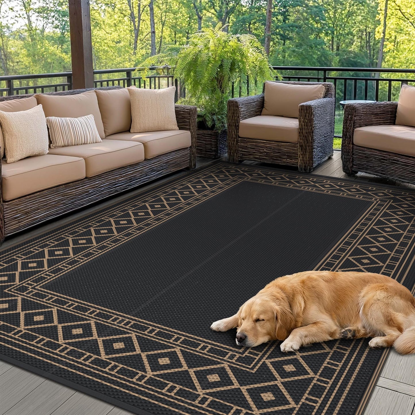 GENIMO 6'x9' Outdoor Rug Waterproof for Patio Decor, Foldable Reversible Plastic Straw Area Rugs Mat for Camper, Outside Carpet for Rv, Deck, Porch, Picnic, Beach, Balcony, Black & Brown
