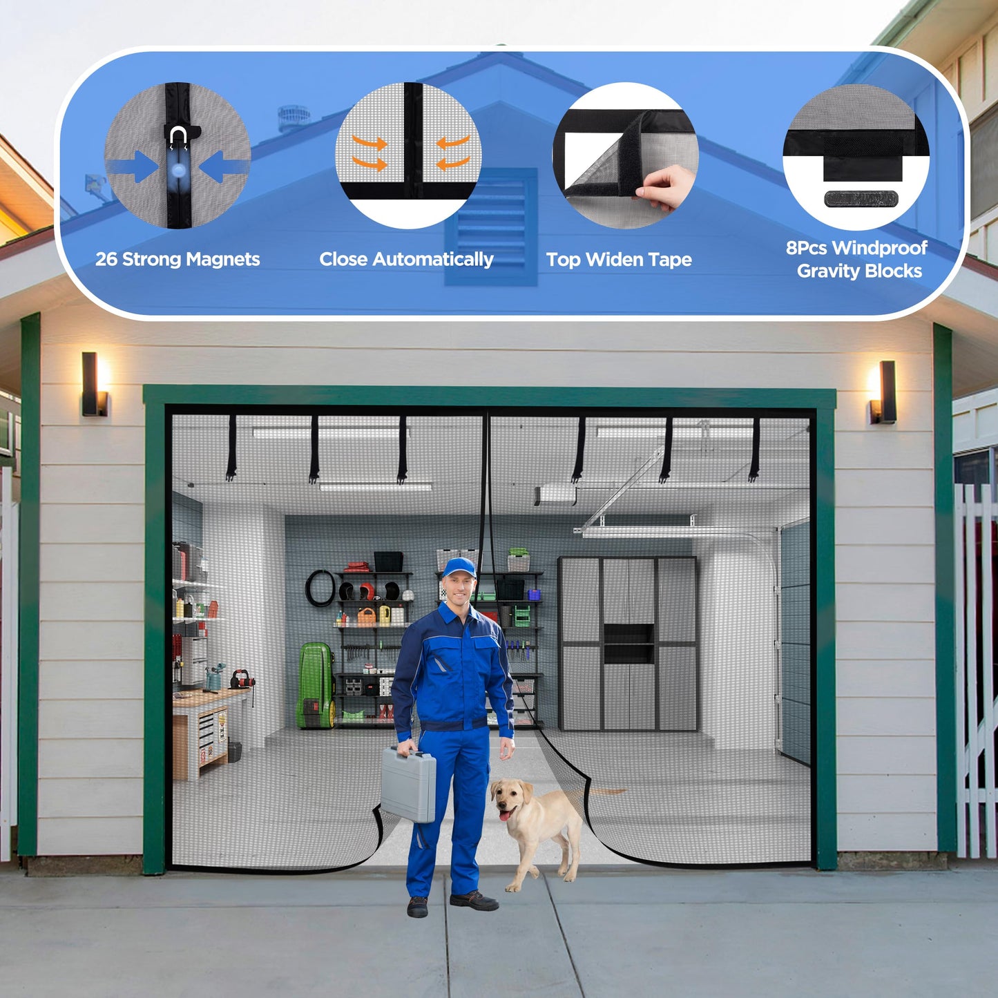 HBlife Garage Screen Doors for 1 Car Garage, 8x7FT Fiberglass Magnetic Garage Door Screen, Hands Free Retractable Garage Net Screen Door Mesh with 6 Roll Up Starps and 26 Magnets for Patio, Gym, Porch