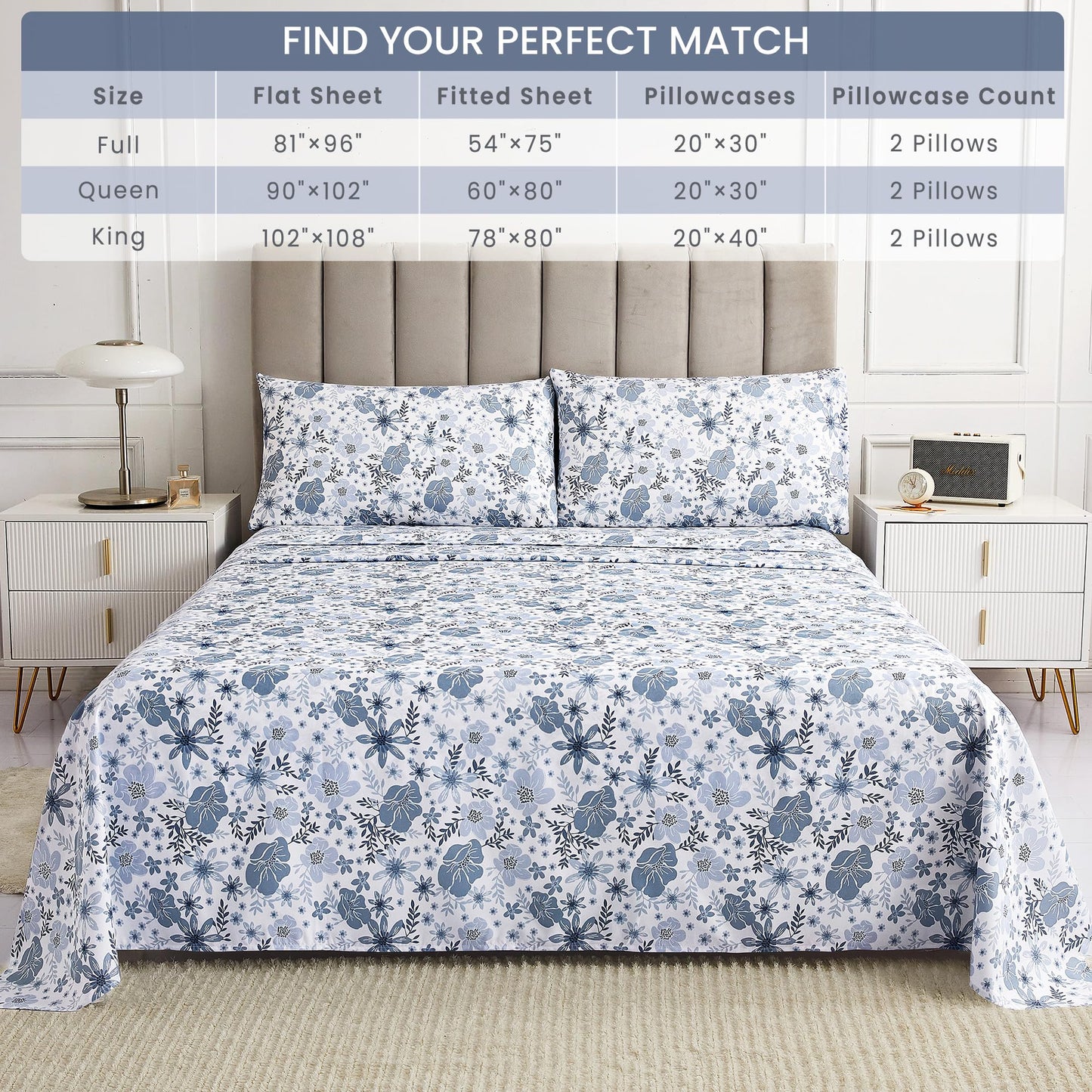 Mooreeke Floral Queen Sheets, Soft Breathable Microfiber Vintage Printed Bed Sheet Set, Deep Pocket Non-Slip Fitted Sheet Included, Blue Flower Pattern