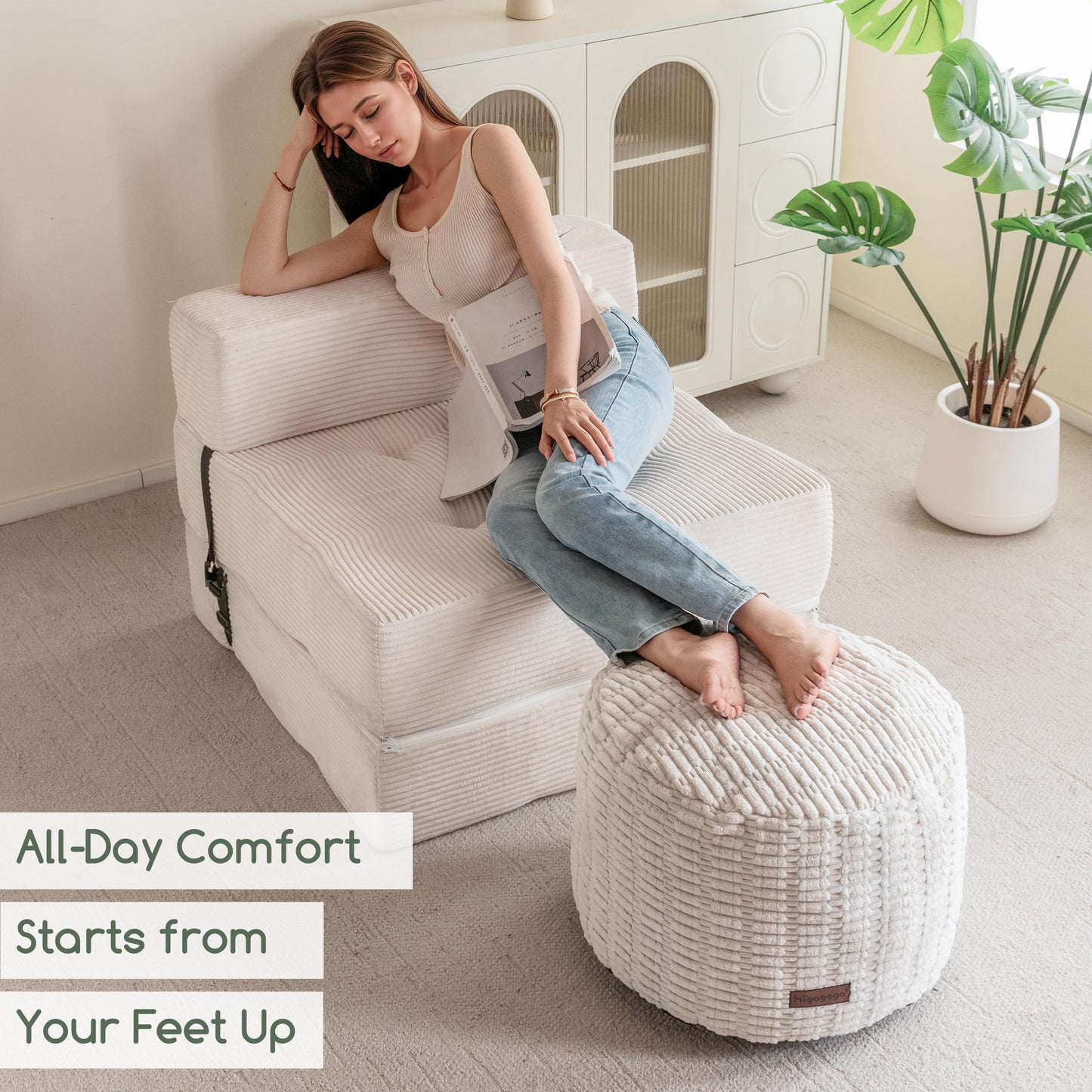 HIGOGOGO Pouf Ottoman Stuffed Round Modern Foam Filled Foot Rest Poufs for Living Room，26 X 18 Inches Footstool for Wedding Christmas Party, Beige