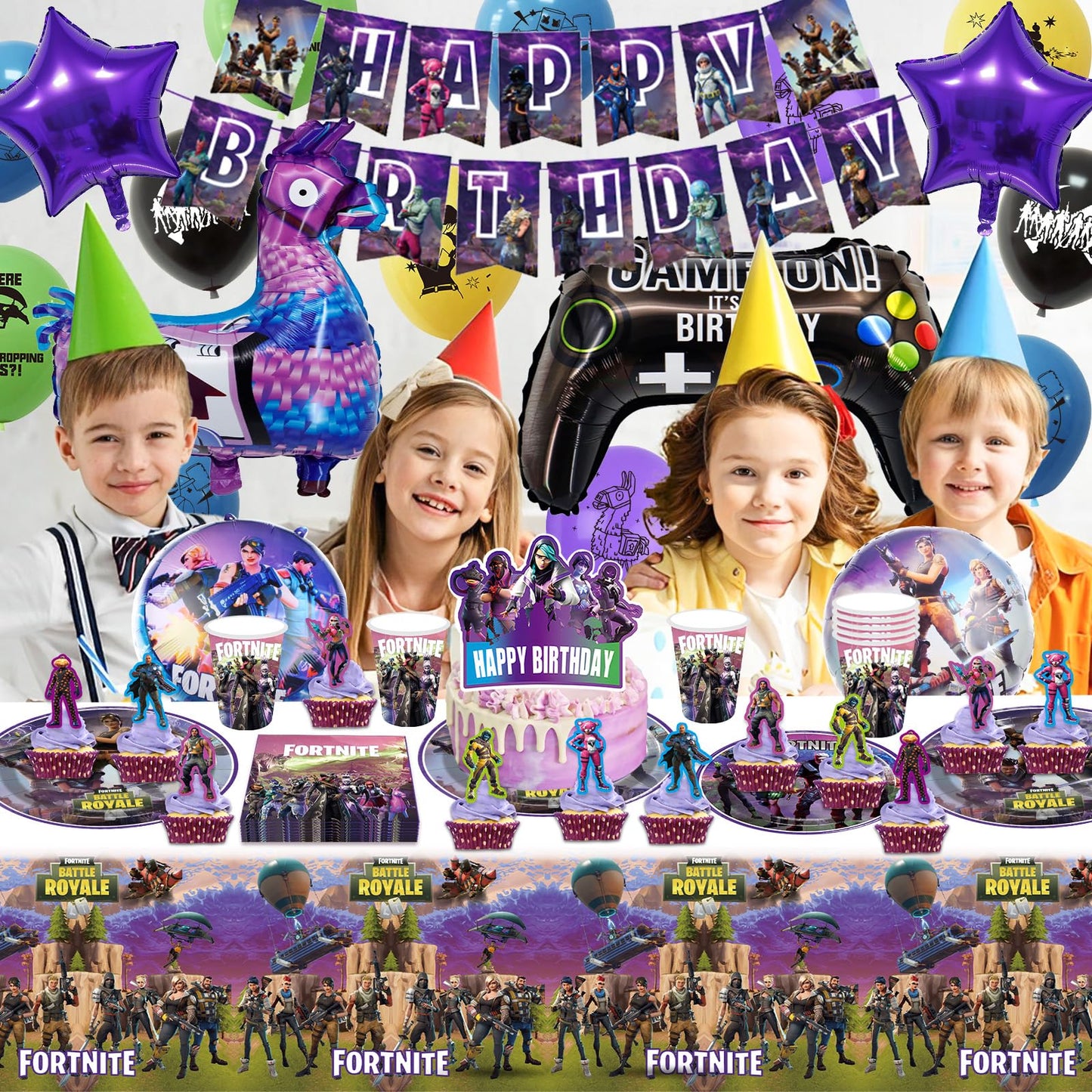 BL2 91PCS Party Birthday Decorations Boys-Game Party Tableware Set Foil Balloons Video Game Party Supplies Happy Birthday Banner Plates Napkins Cake Toppers Latex Balloons for Kids Gamers Lovers