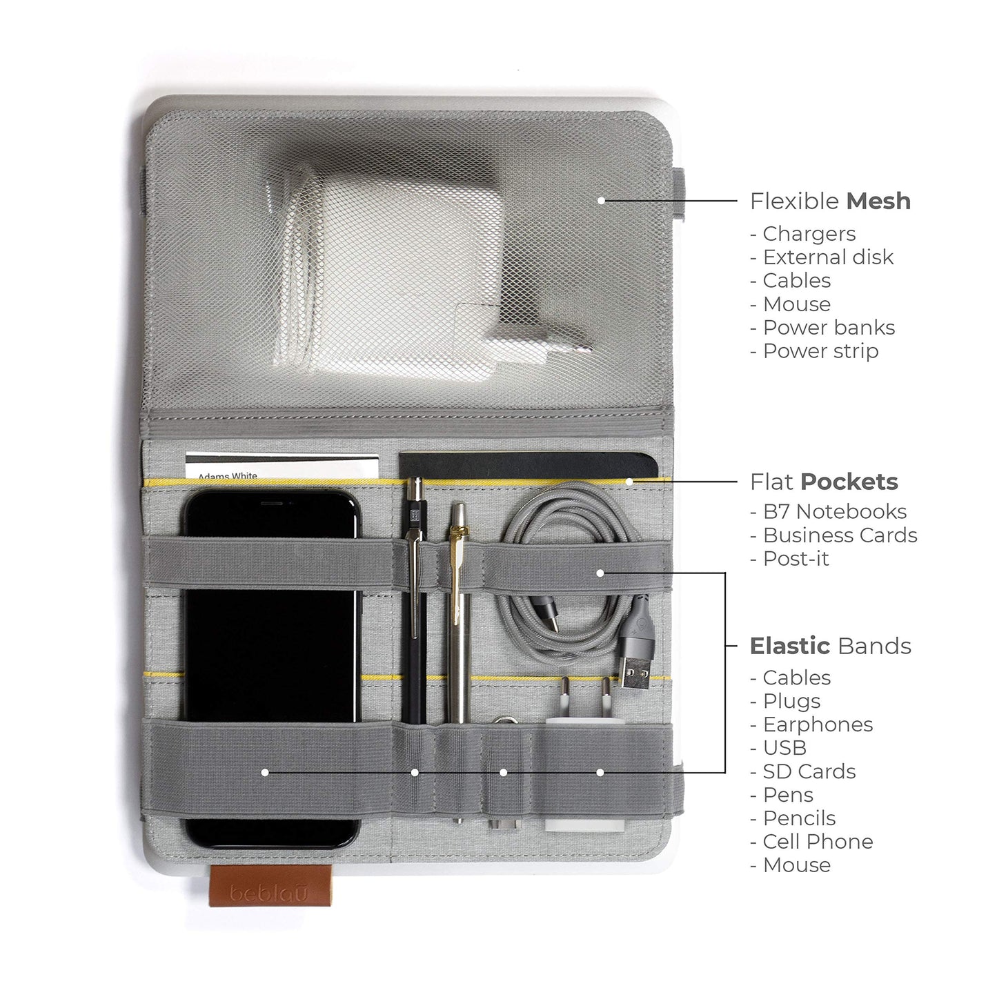 Beblau FOLD Portable Electronics Organizer attachable to your Devices | Desk Organizer Office, Home & School | Working from Home Essentials | Laptop accessories Backpack Insert | CHRISTMAS GIFTS