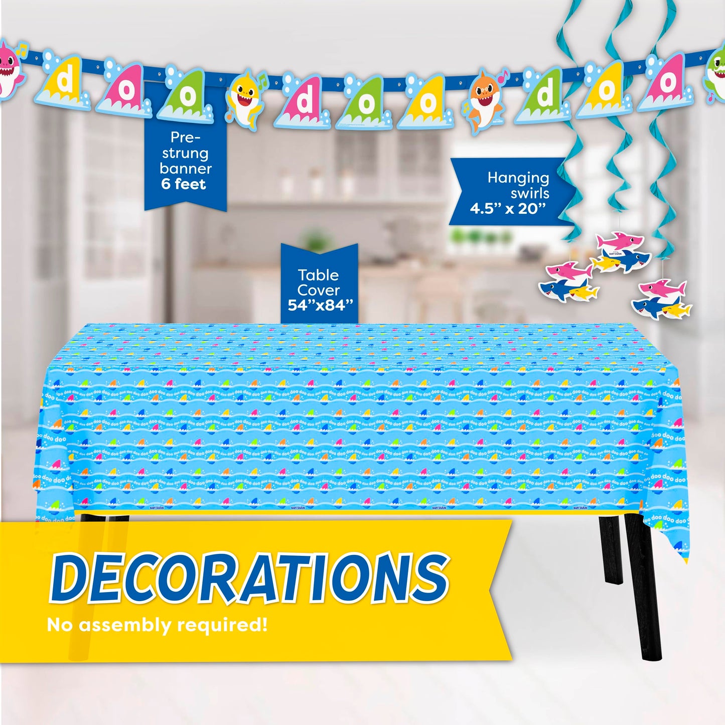 Baby Shark Birthday Decorations Set | Baby Shark Party Supplies | For Boys and Girls | With Banner, Tablecloth Table Cover, Dinner Plates, Cake Plates, Cups, Napkins, Sticker | Serves 16 Guests