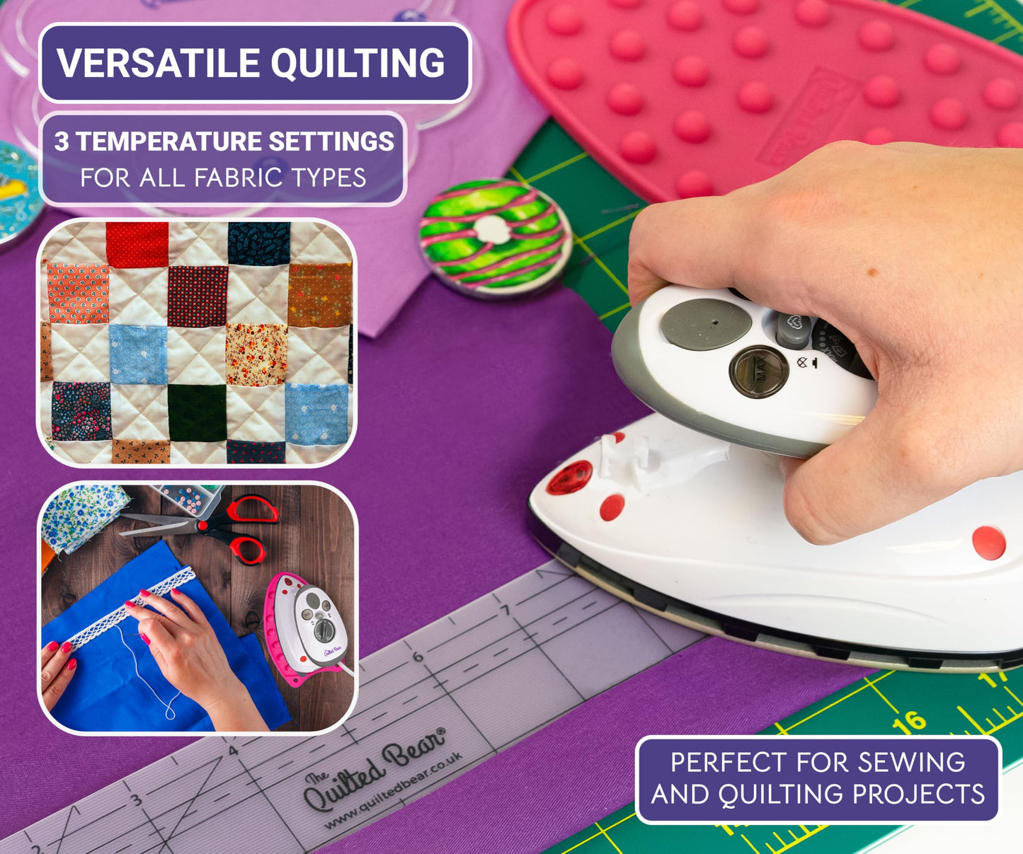 The Quilted Bear Mini Iron, Iron Rest & Ironing Mat - Lightweight Mini Steam Iron with Hard Shell Travel Case, Heat Resistant Silicone Iron Rest & Travel Ironing Mat (Black)