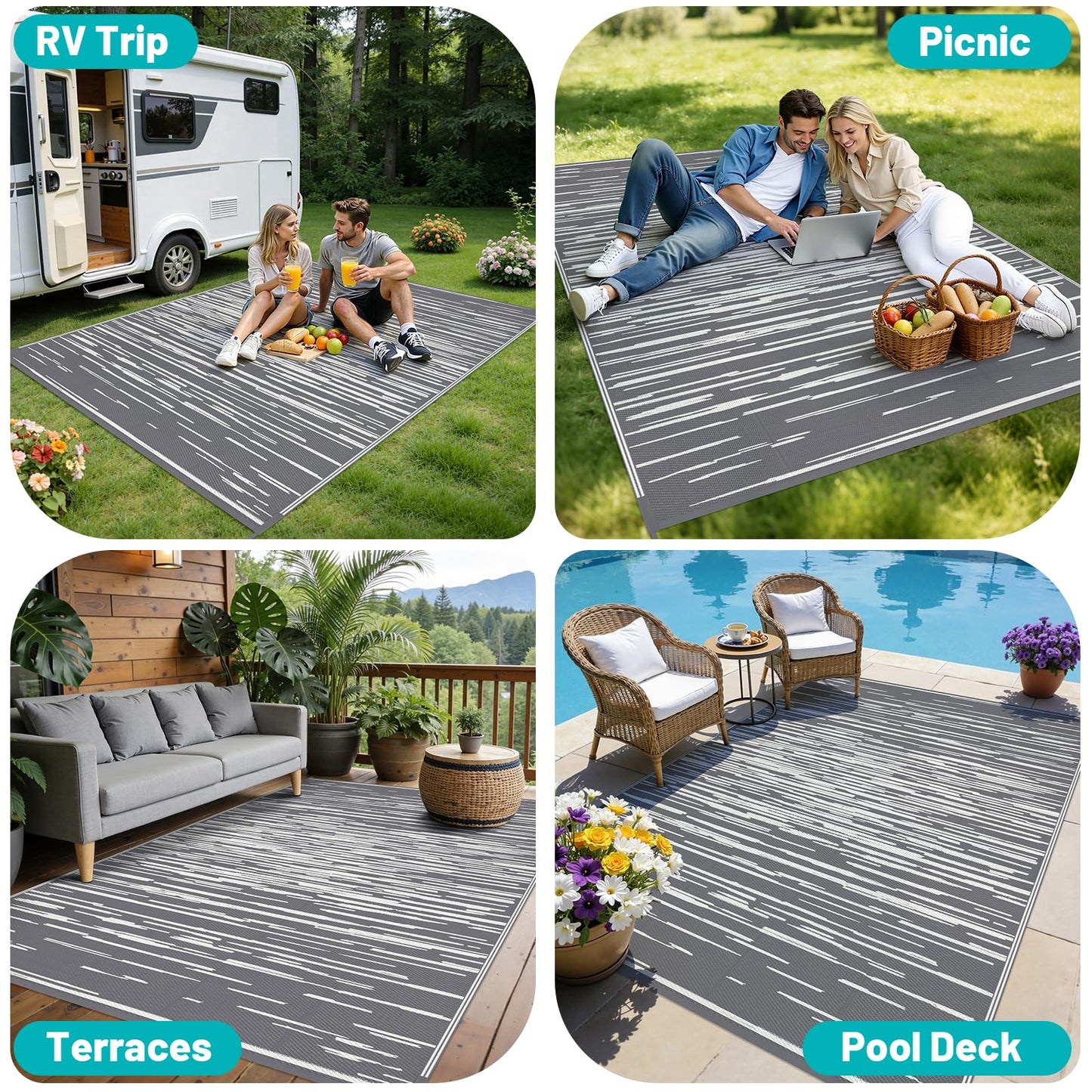 HEBE Outdoor Rug 6x9 ft Reversible Outdoor Area Rug Waterproof Patio Rug Mat Portable RV Camping Rug Modern Abstract Plastic Straw Carpet for Picnic Beach Balcony Pool Deck, Grey