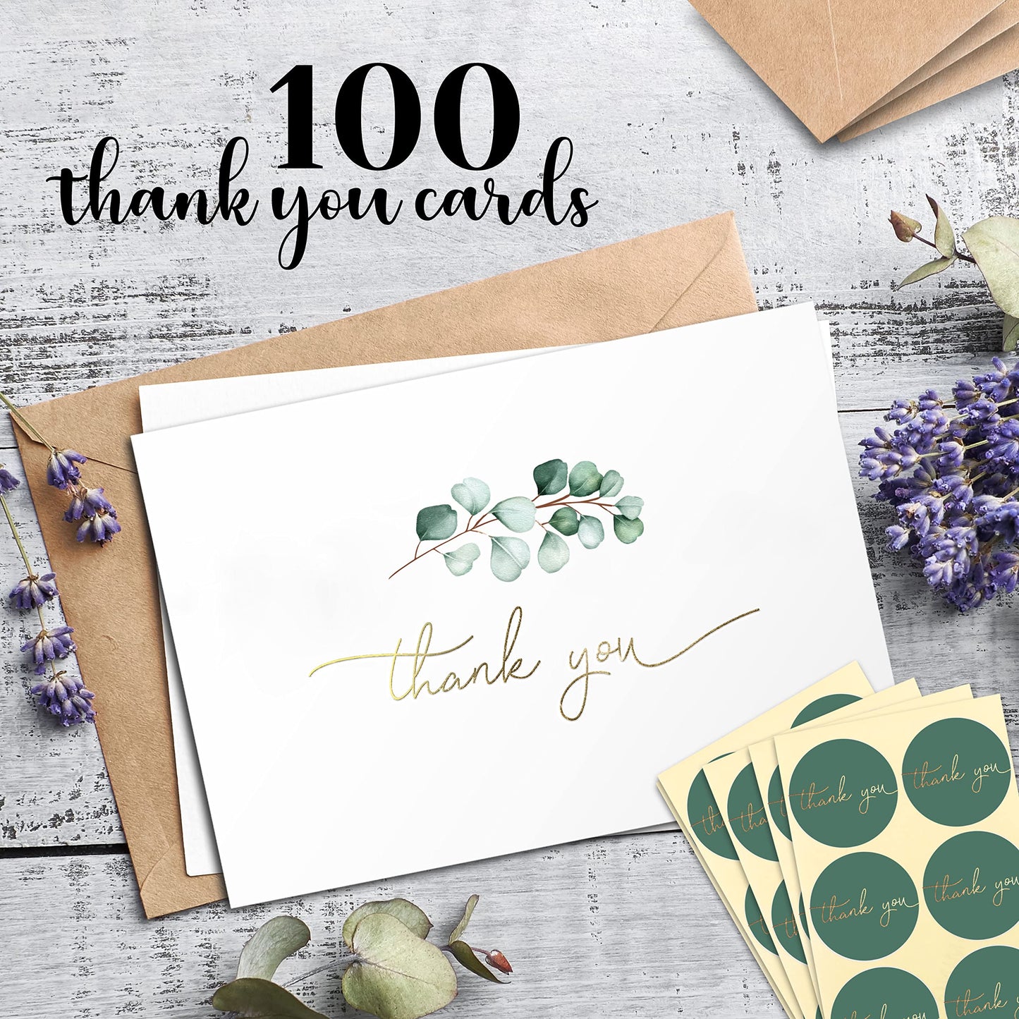 100 Heavyweight Blank Thank You Cards with Envelopes for a Personal Touch, Eucalyptus Thank You Card for Any Occasion, Wedding, Bulk Pack Card with Envelopes & Stickers (3.7 x 5.1 Inches) (100 Pack)