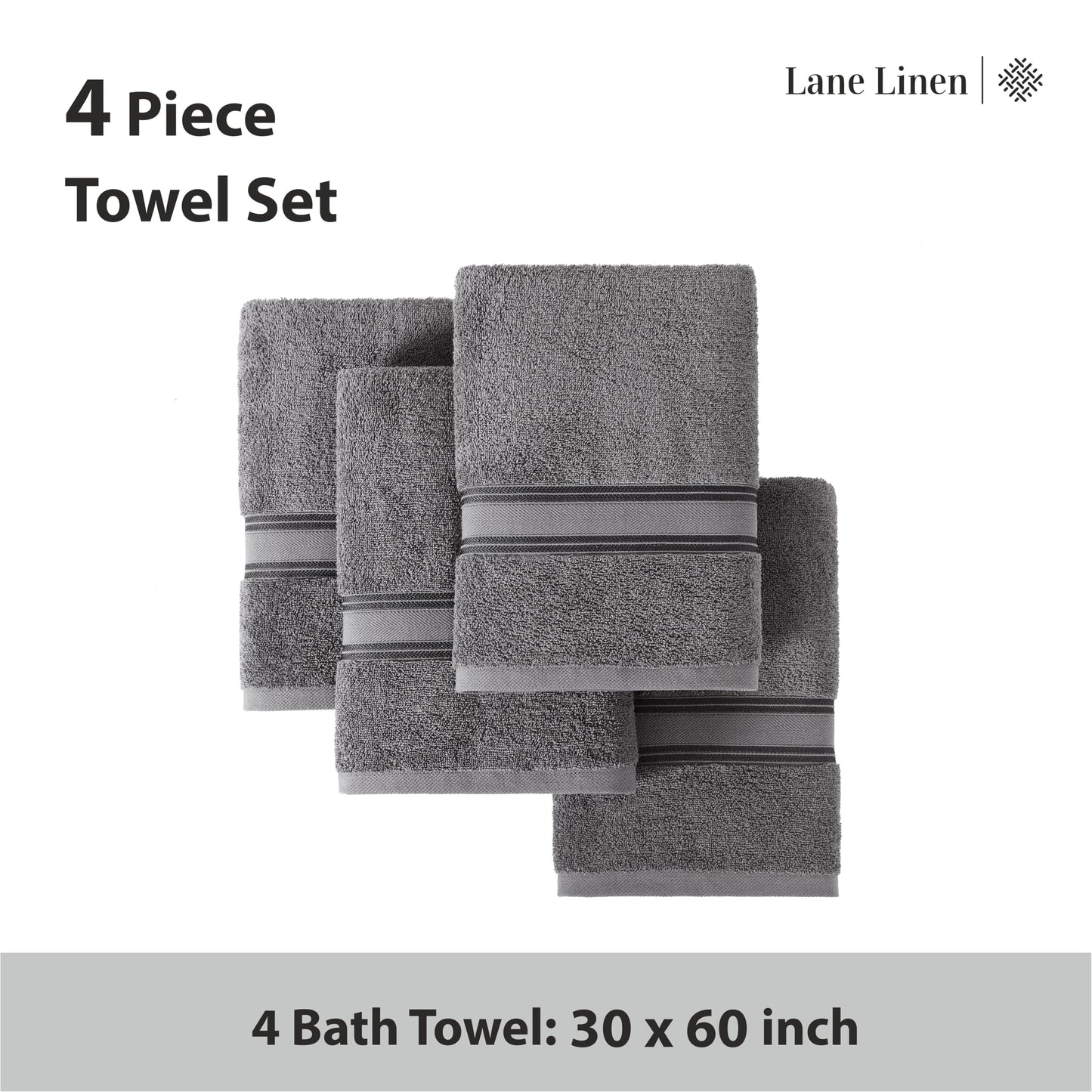 Lane Linen Bath Towels 4 Pack (30" x 60") - Zero Twist 100% Cotton Bathroom Towels, 450 GSM Soft & Aborbent Large Bath Towels, Quick Dry Shower Towels, Oversized Bath Towel Set - Cool Grey