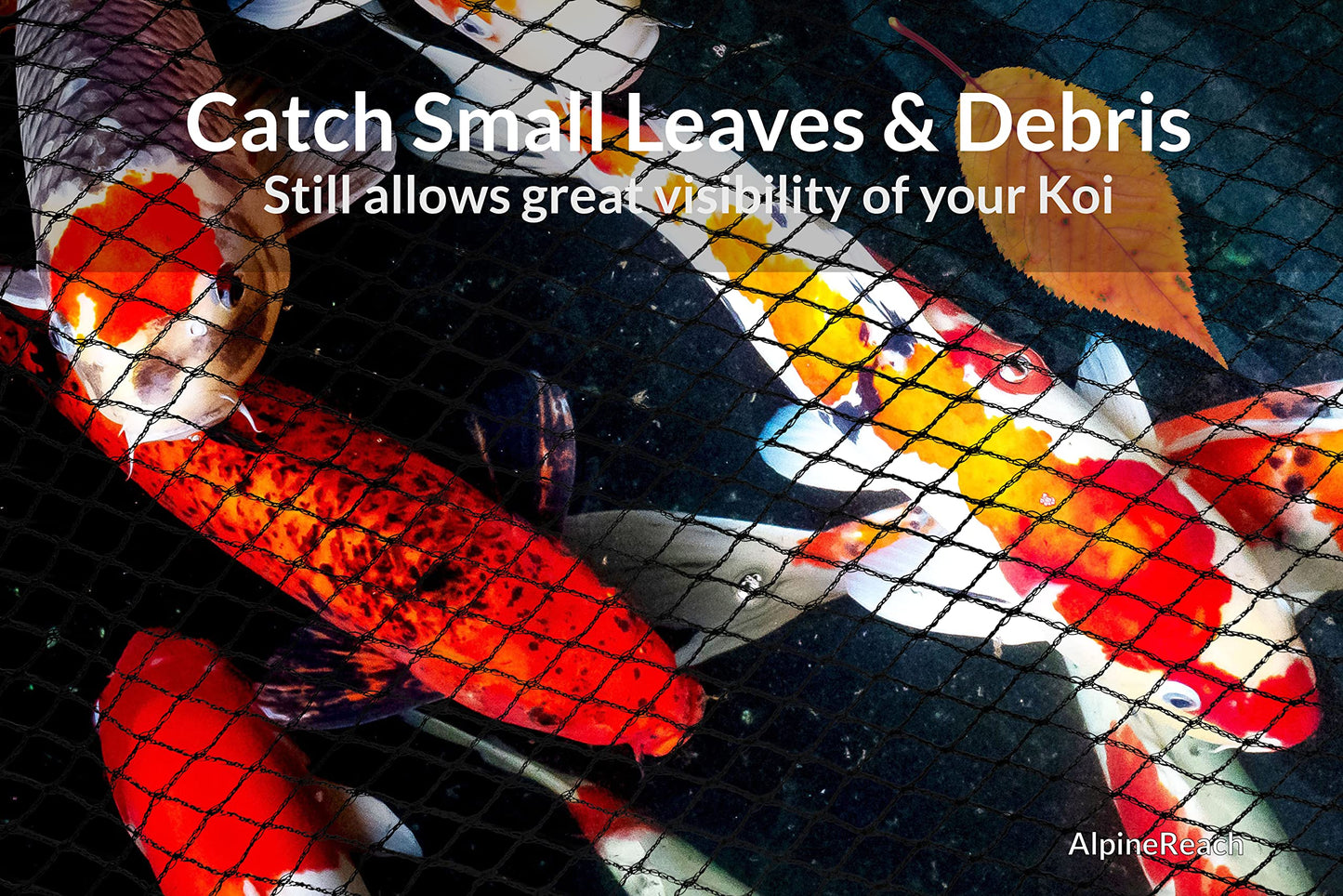 AlpineReach Koi Pond Netting Kit 15ft x 20ft (4.5m x 6m) Black Heavy Duty Woven Fine Mesh Net Cover for Leaves - Protects Koi Fish from Blue Heron Birds, Cats & Predators – Reusable & Stakes Included