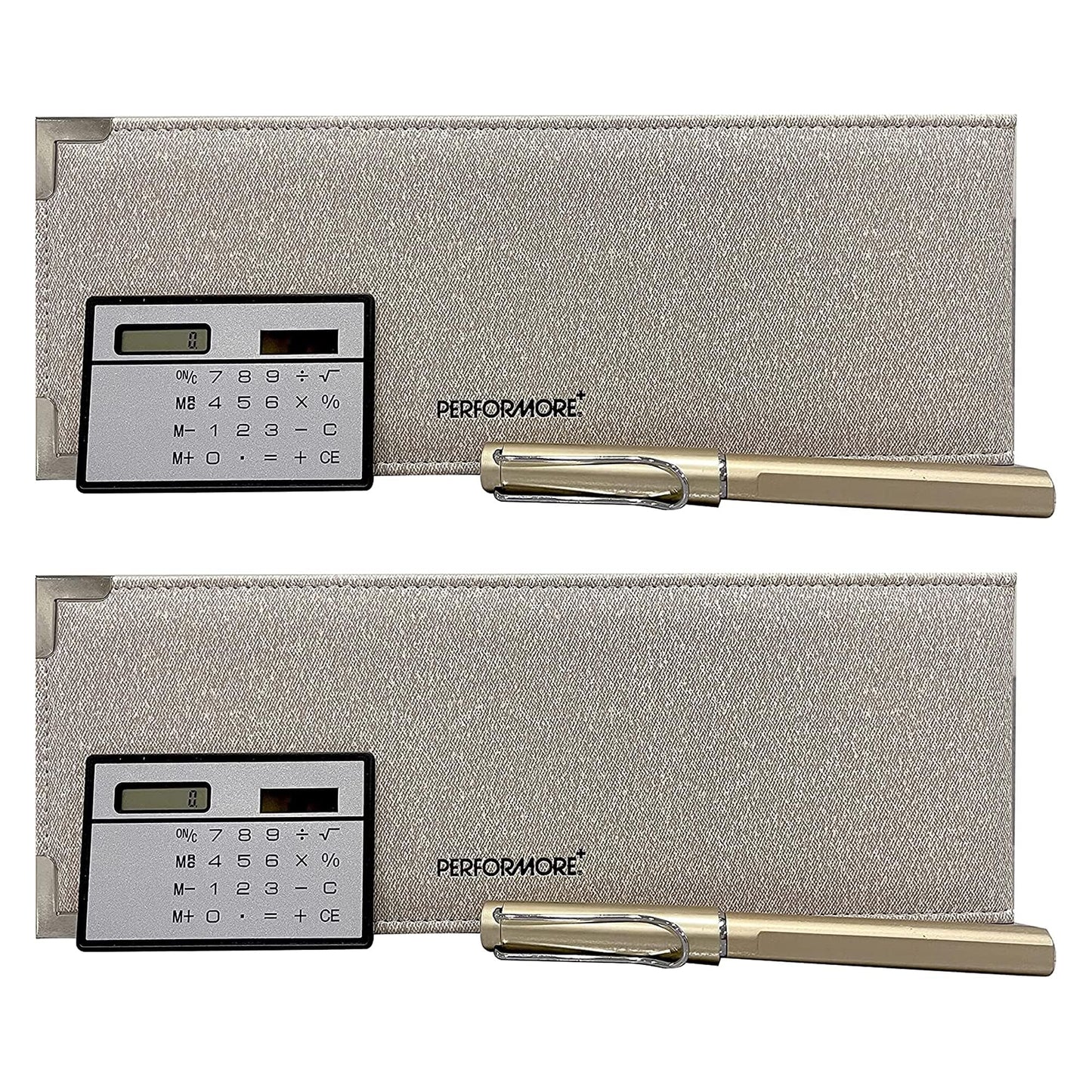Performore12 X4 1UP Premium Business Cheque Book Binder, Includes Pen and Calculator, Light Tan Fabric 3/4" Round Ring 60 Check Capacity, 1 Inner Fabric Pocket and Clear Pocket on Both Covers 2 Pack