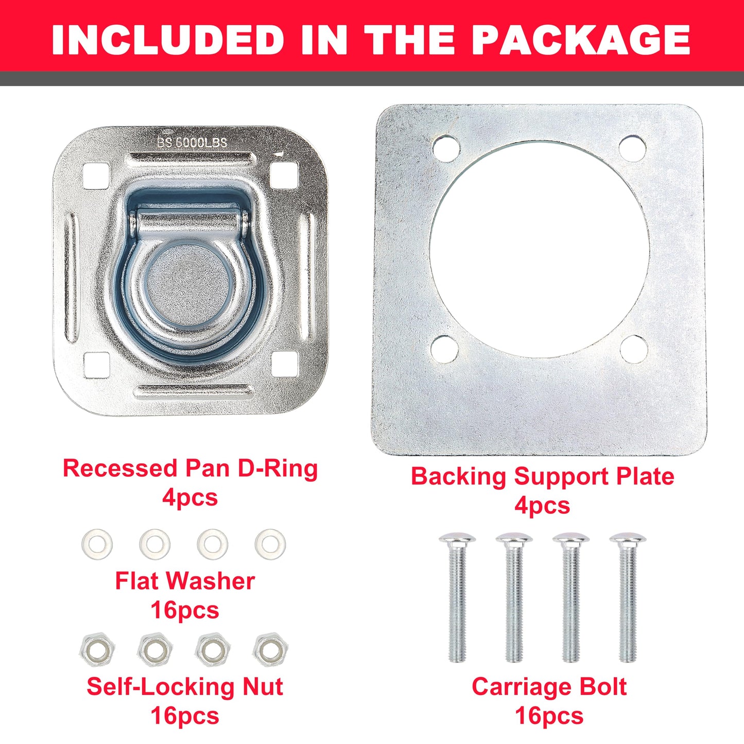 PEAKTOW Recessed D Ring Tie Down, 6000 Lbs. Capacity, for Flatbed Trailer and Truck, Great for Securing Equipment and Cargo, Including Mounting Lock Plate and Installation Hardware Pack of 4