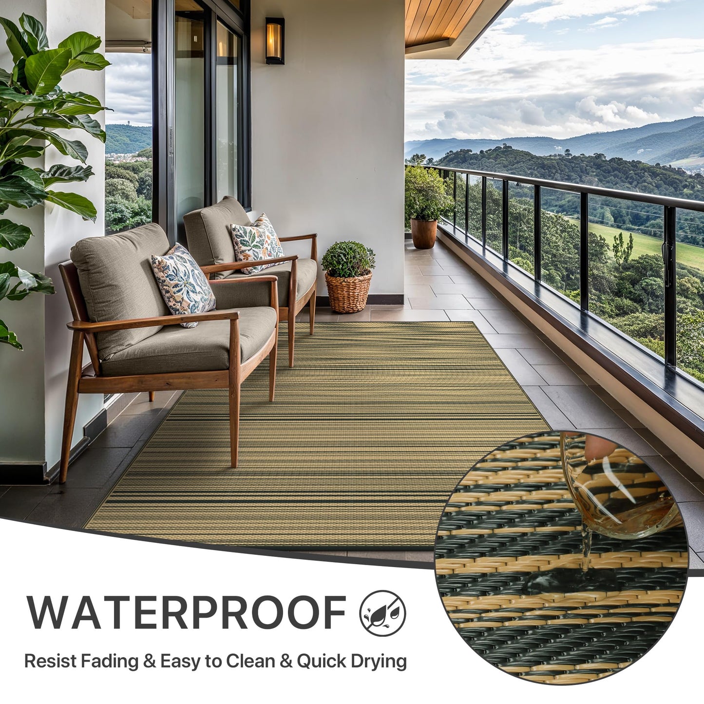GENIMO Outdoor Rug for Patio Clearance, Reversible Plastic Straw Rugs, Lightweight Waterproof RV Camping Mat for Camper, Balcony, Deck, Backyard, Picnic, Black Brown