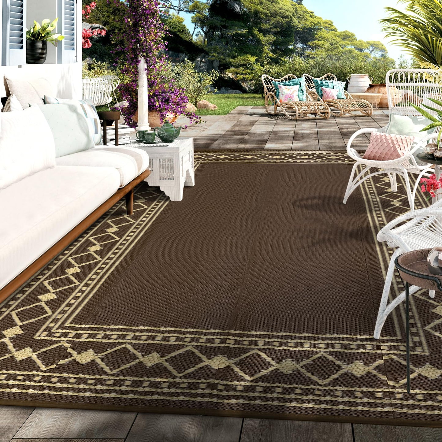 Garvee 6x9 Outdoor Camping Rug for Garden Contemporary Diamond Bordered Outdoor Picnic Mat Washable Non-Slip Easy-Clean Camper Carpets Brown Folding Portable Area Rug for Beach Backyard RV