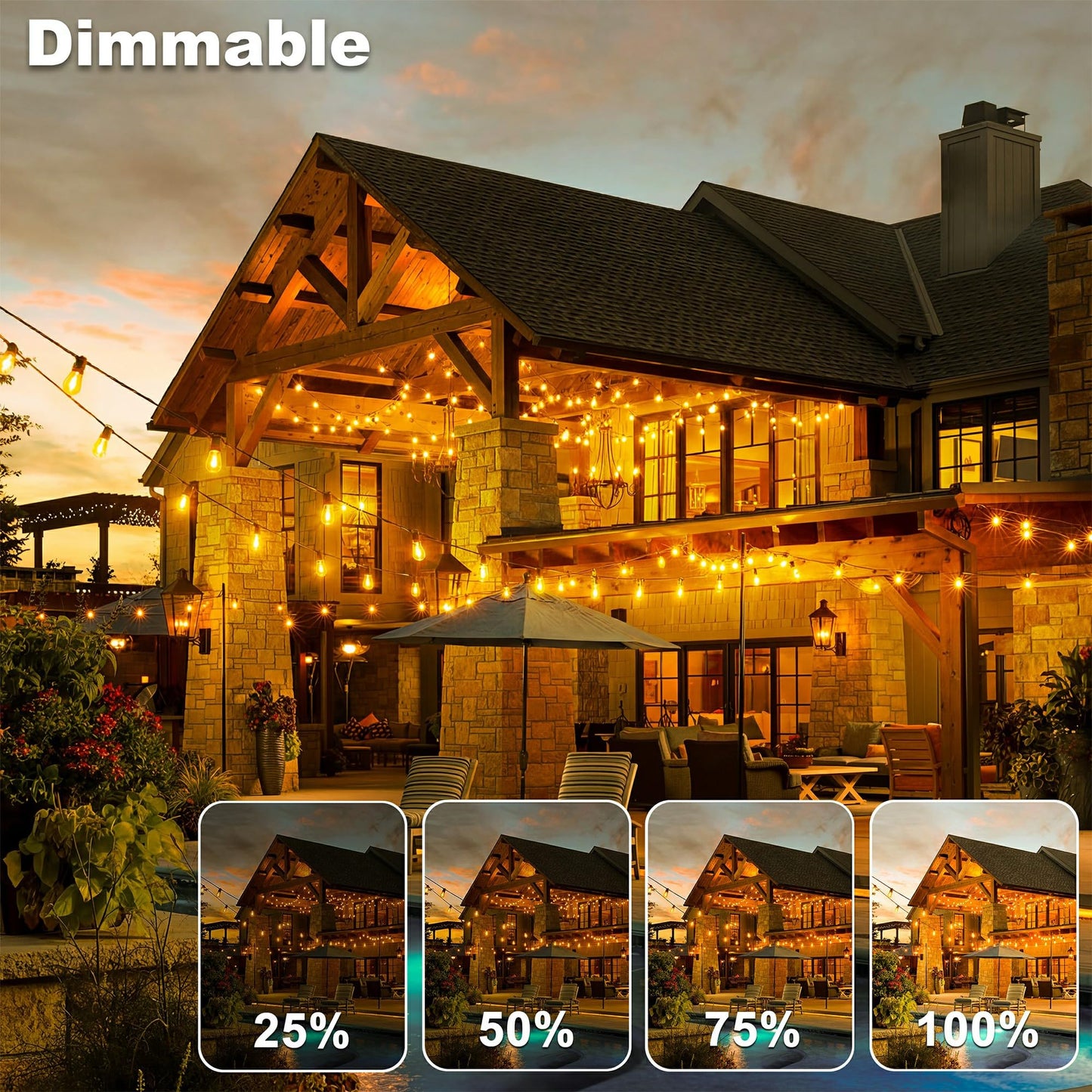 Outdoor Lights, S11 55FT String Lights with 25 Dimmable Plastic Bulbs 1 Spare, 120V 2700K Warm White Waterproof Connectable Patio Lights for Backyard Porch Balcony Party Decor, E12 Socket Base, Black
