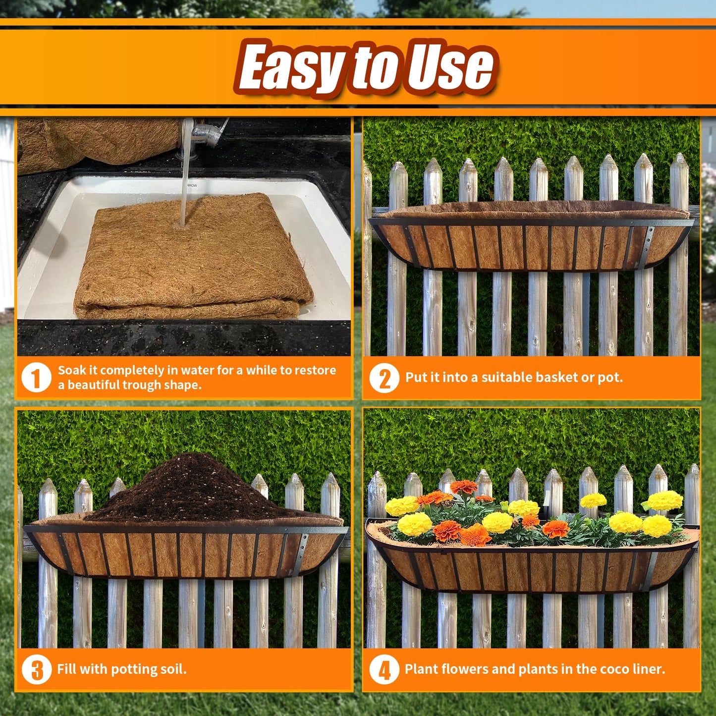 Coco Liners for Planters 24 Inch, 4 Pack Trough Window Box Liners, Coconut Fiber Liners for Planters Flower Baskets Garden Outdoor Plants