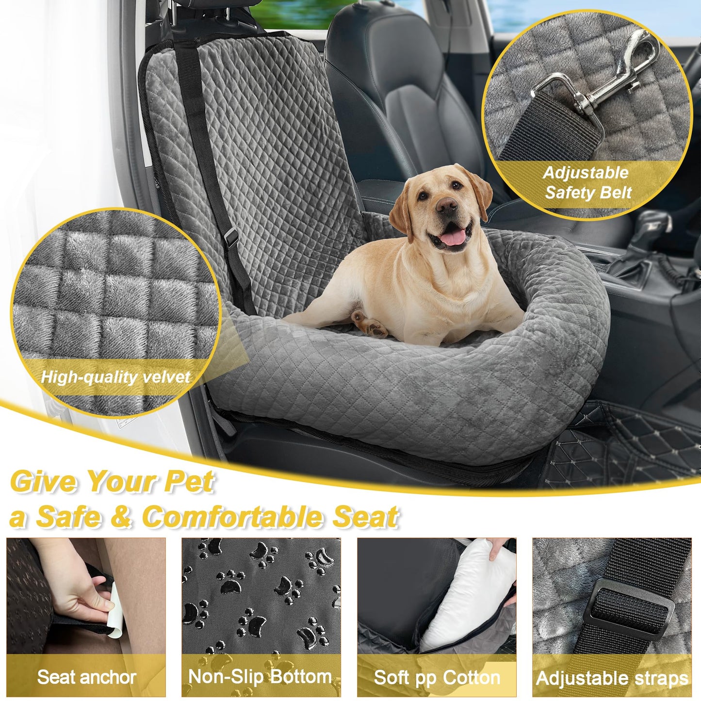 Dog Car Seat for Small Medium Dogs,Detachable Washable Travel Safety Pet Booster Seat, Comfy Ultra Soft and Multifunctional Car Travel Bed,Grey