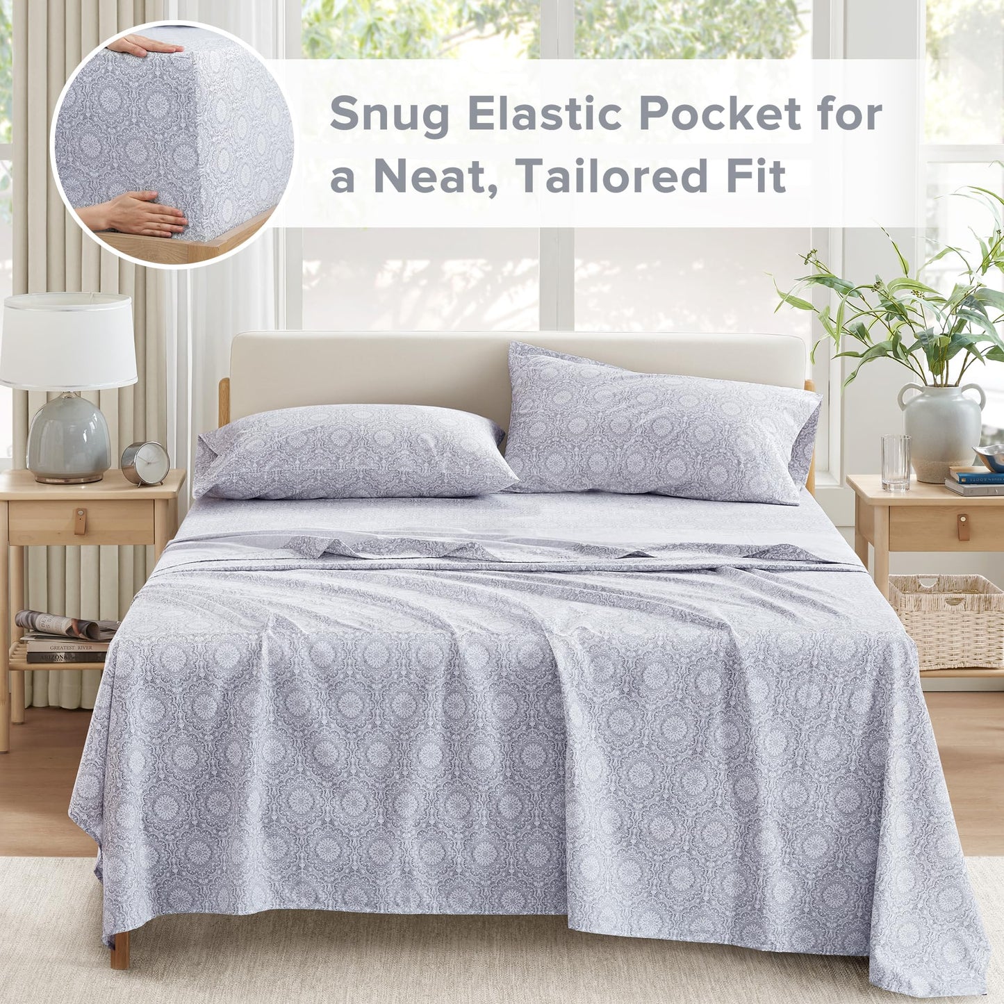 Comfort Spaces 100% Cotton Sheets Queen, Breathable, Naturally Cool Cotton Sheets, Soft Cotton Bed Sheets with 14" Elastic Pocket Fits up to 16" Mattress, All Seasons Sheet Set, Adelia Gray 4 Piece