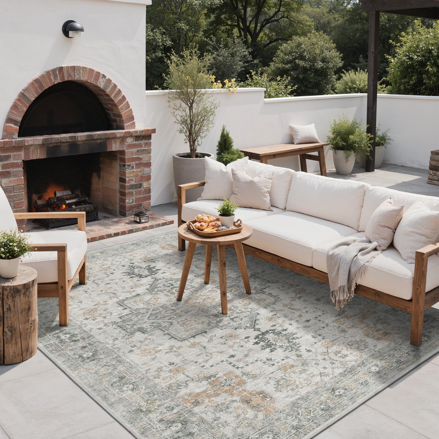GENIMO Indoor & Outdoor Area Rug 4'x6', Waterproof, Non-Shedding, Easy Cleaning, Boho Mat for Patio, Living Room, Balcony, Dining Room, Deck, RV, Bedroom, Camping, Outside Carpet, Light Grey Brown