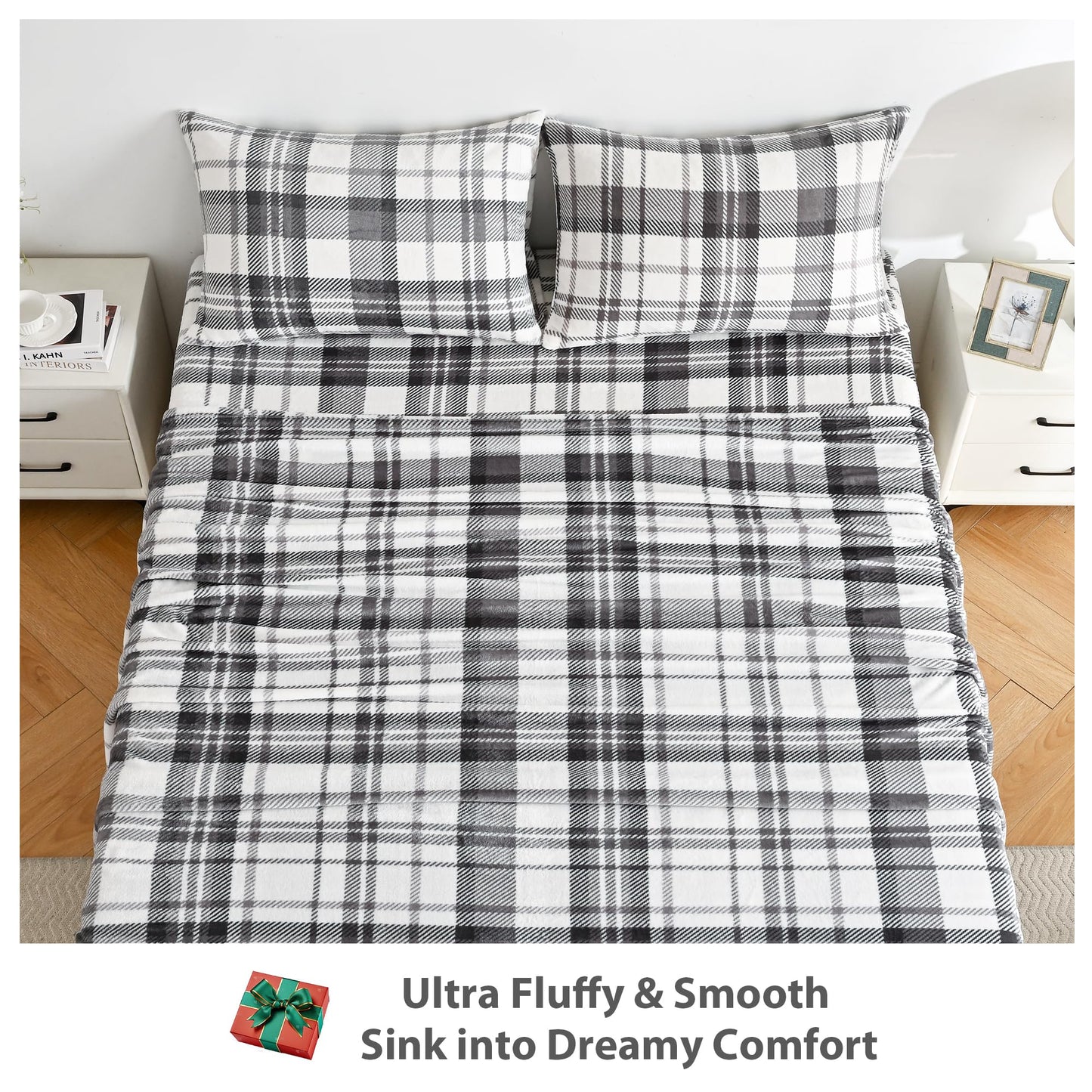 Softan Fleece Sheets Queen Size, Flannel Like Soft, Fuzzy Warm Plush Sheets, Velvet Polar Microfleece Bedding for Winter, Grey White Plaid