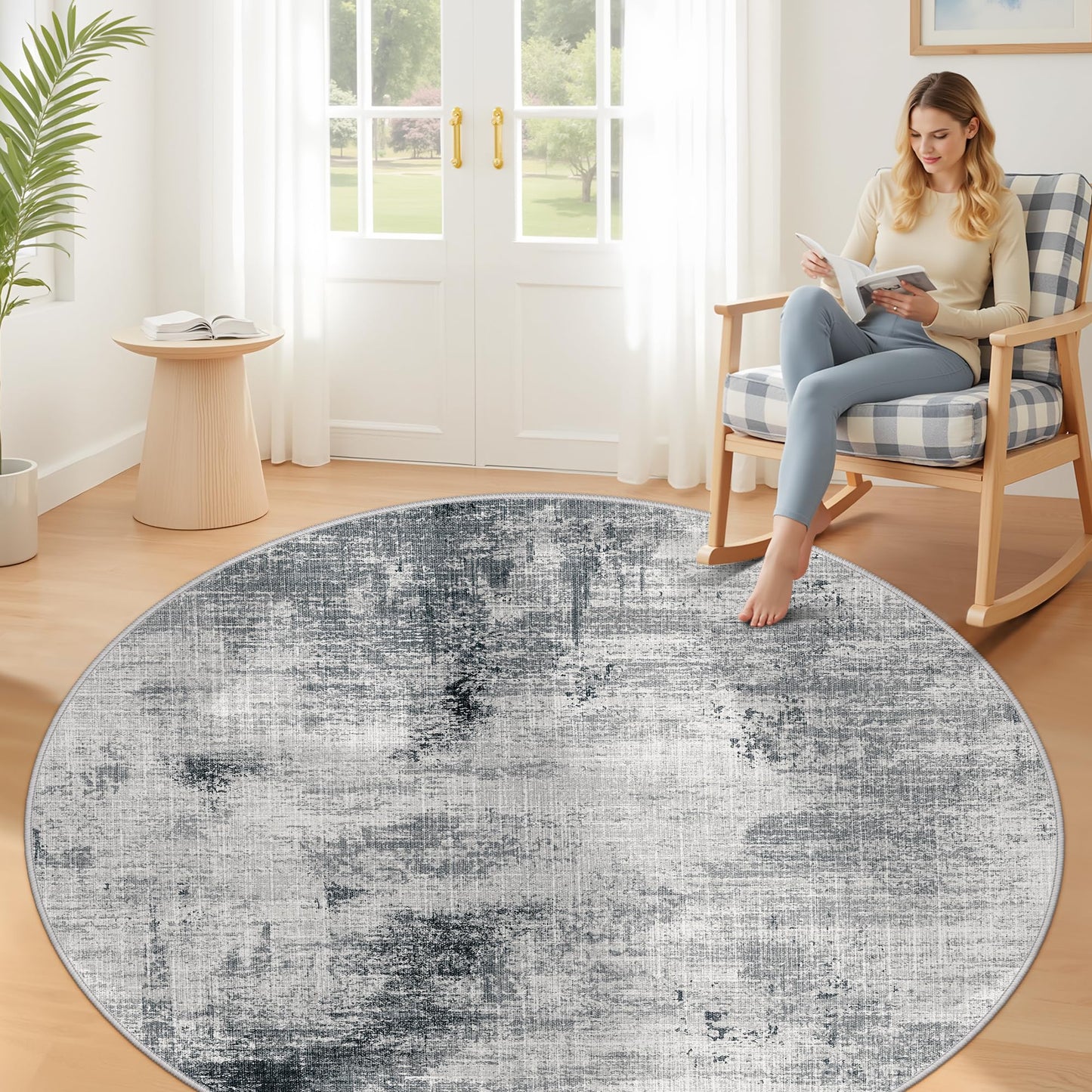 6ft Washable Round Rug - 6x6 Area Rugs Modern Abstract Rugs for Living Room Non-Slip Low Pile Soft Machine Washable Carpet for Bedroom, Living Room, Dining Room, Nursery, Farmhouse (6'x6' Dark Grey)