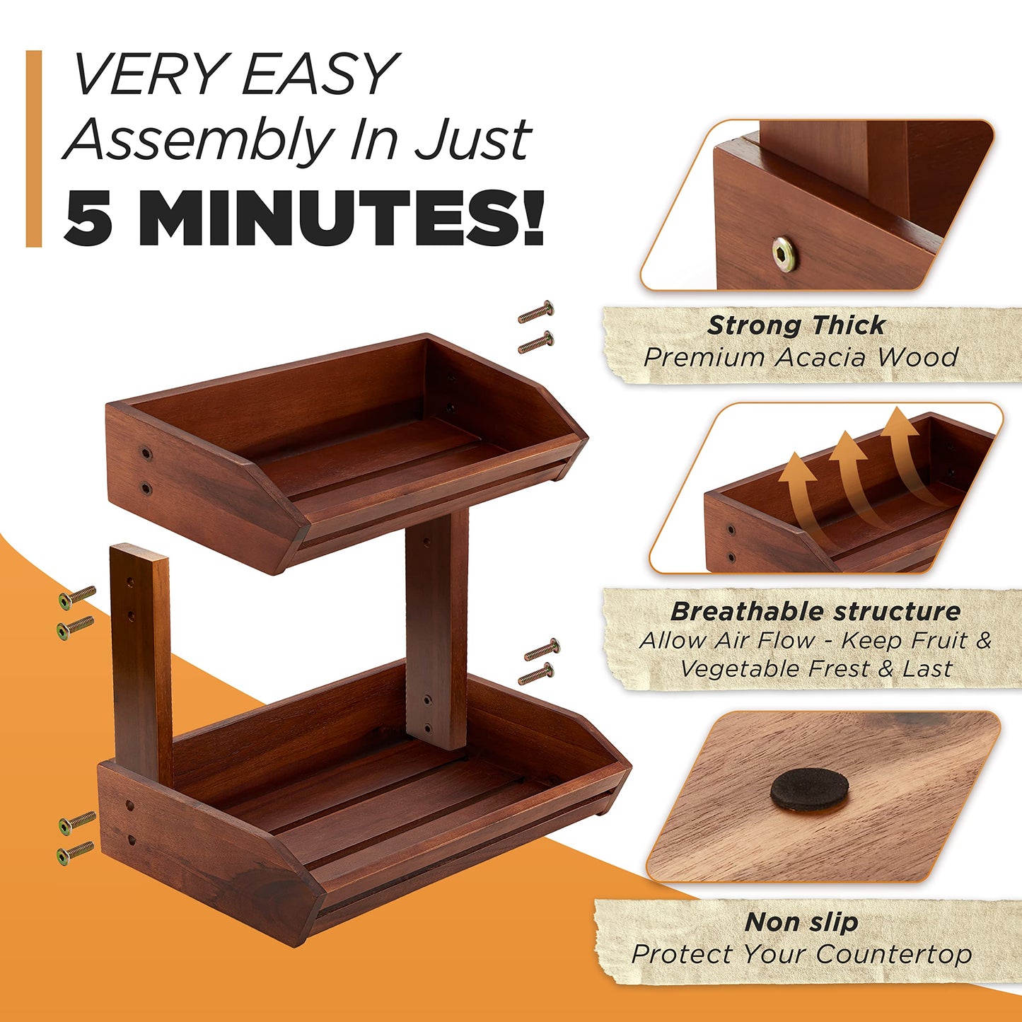 HOLANA Acacia Tier Fruit Basket for Counter – Wooden Fruit Bowl for Kitchen Counter Organizer, Vegetable & Produce Storage, Wooden Basket & Snack Organizer for Countertop Storage (Acacia, 2 Tier)