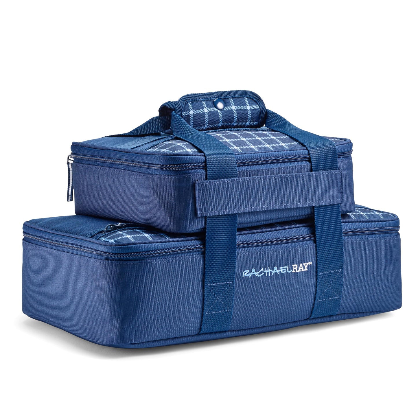 Rachael Ray Lugger Duo, Insulated Casserole Carrier for Hot or Cold Food, Thermal Lasanga Lugger Tote for Pockluck, Parties, Picnic, and Cookouts, Fits 9" x 13" Baking Dish, Navy Gingham