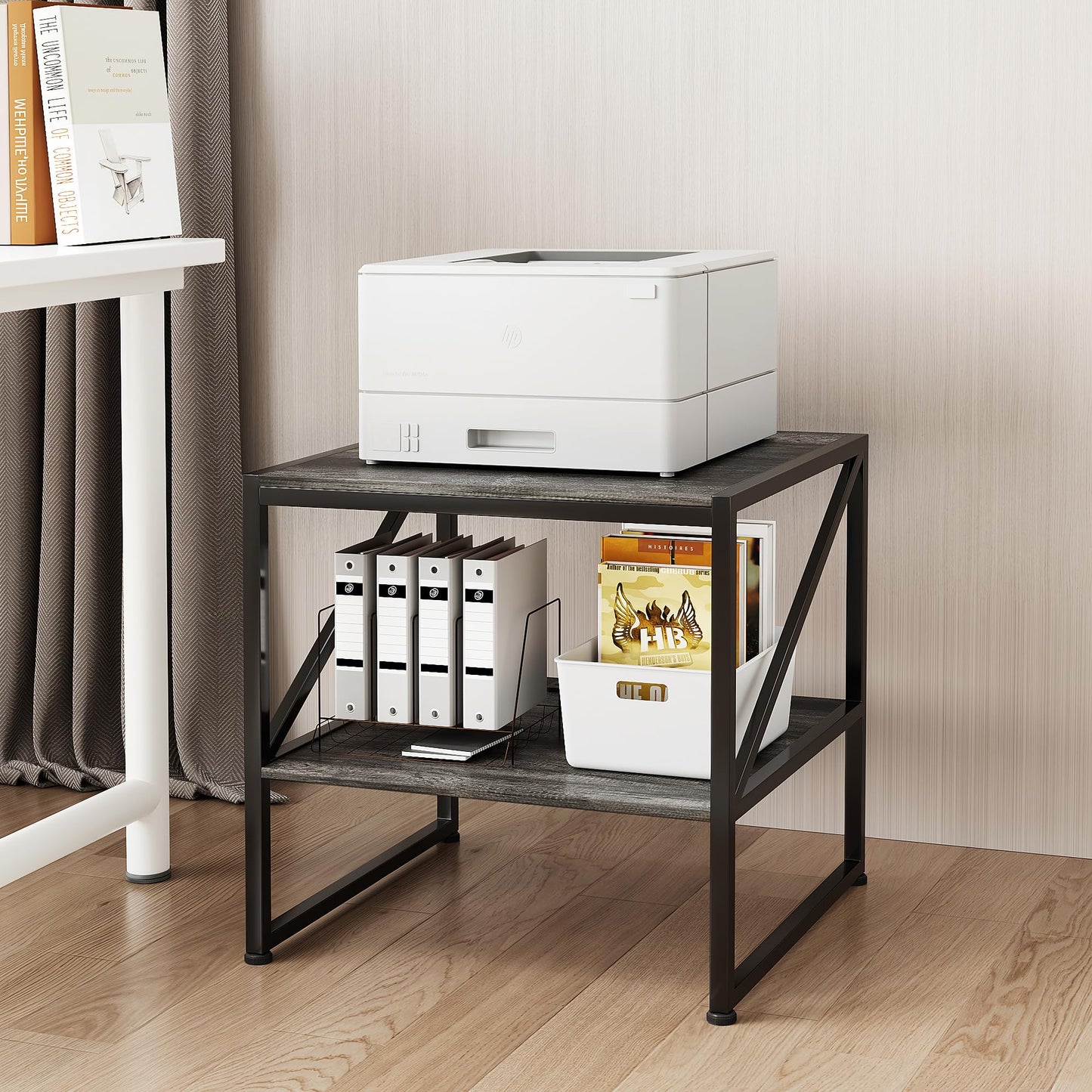 2-Tier Large Priner Stand with Storage Shelf, 20"×20" Under Desk Printer Table for Home Office, End Table for Living Room, Heavy Duty Storage Rack for Scanner Fax Heat Press, Grey Oak