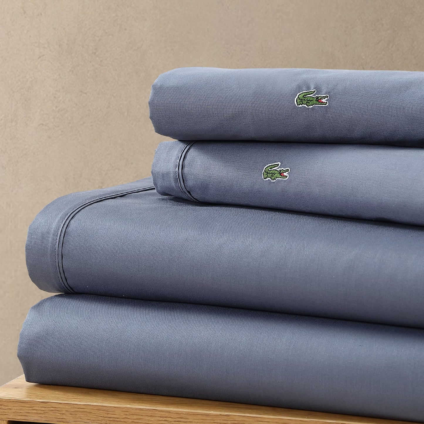 Lacoste 100% Cotton Percale Solid Sheet Set, Vintage Indigo, Standard King