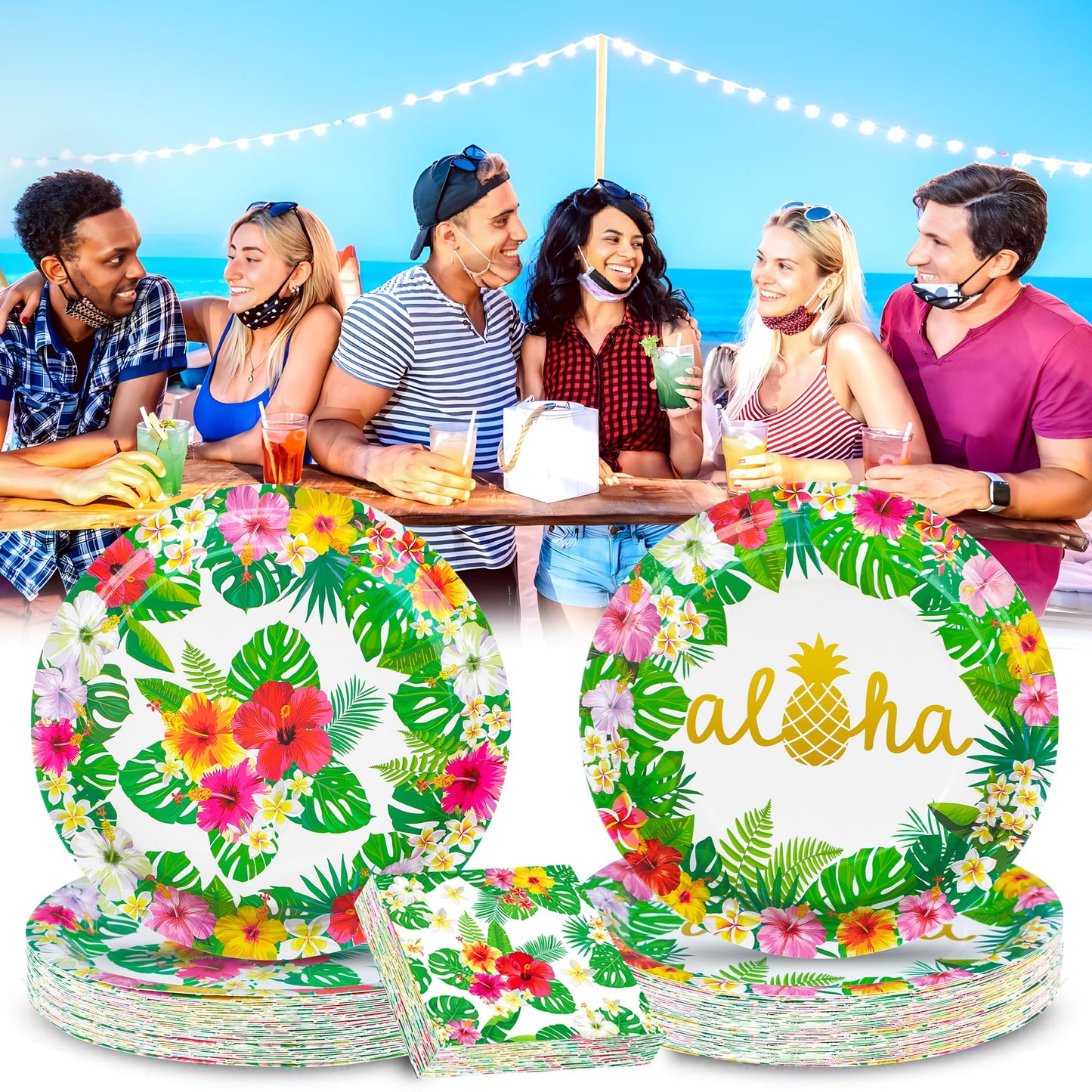 100 Pcs Hawaiian Paper Napkins Plates Tropical Luau Party Supplies 9 Inch Disposable Plates and Party Napkins Tropical Palm Leaf and Hibiscus Aloha Summer Party Tableware Set, Serve for 25 Guests