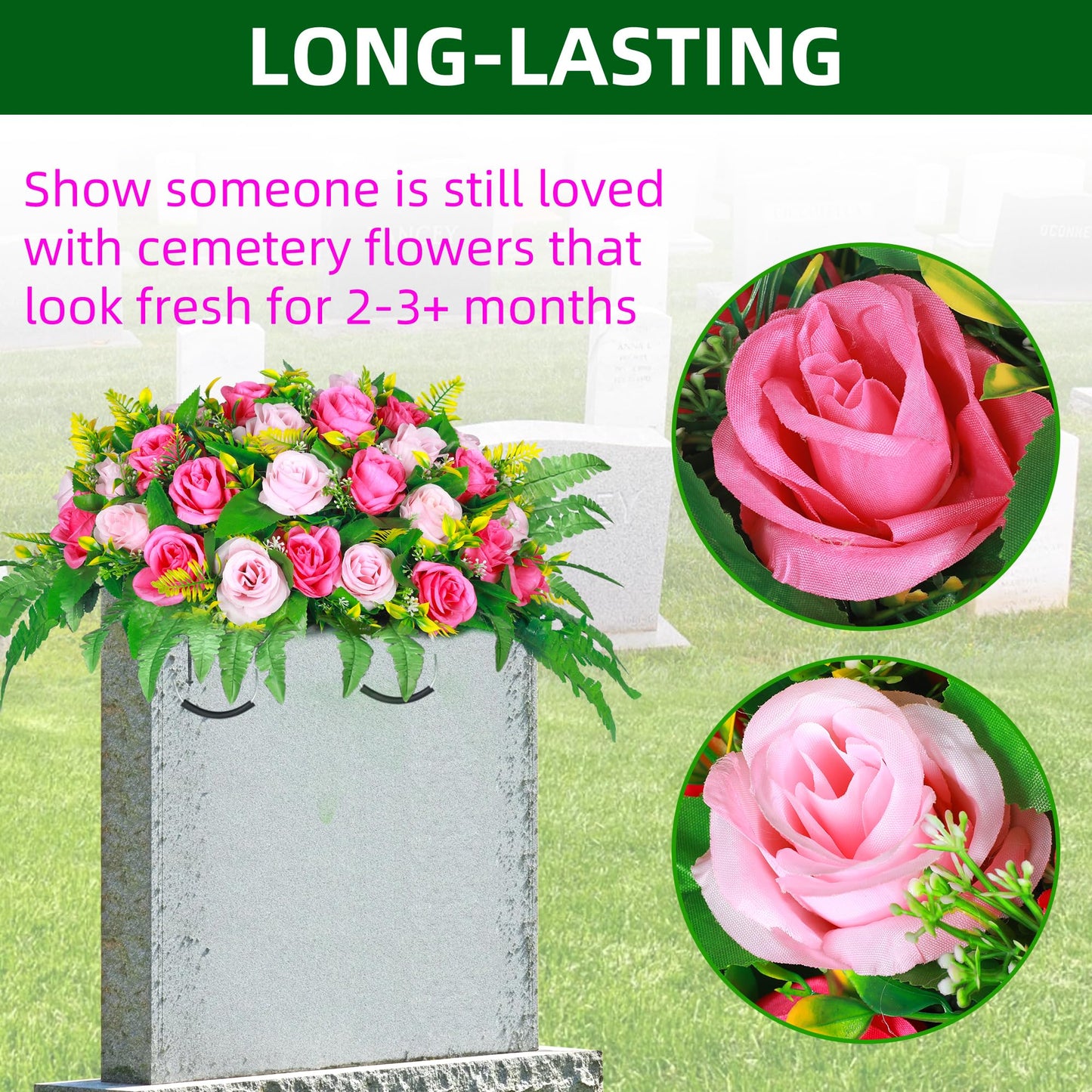 Lodou Artificial Cemetery Flowers, Artificial Silk Flower Arrangement,Artificial Rose Bouquet Grave Memorial Flowers with Headstone Flower Saddle for Graveyard Headstones Decoration (1, Pink and red)
