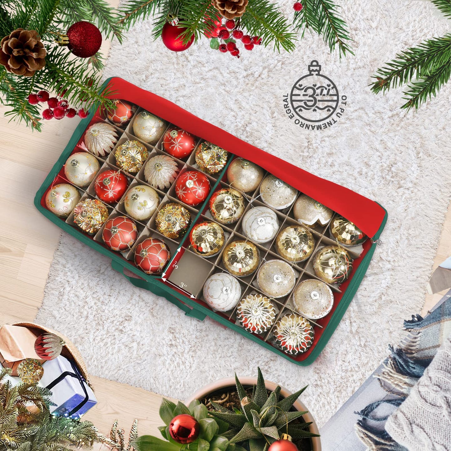 Large Christmas Ornament Storage Box,4 Tier Holds Up to 128 Holiday Ornaments 3-Inch, Xmas Decorations Accessories Bag with Dual Zipper Closure,Made of Durable 600D Oxford Fabric Material (Red1)