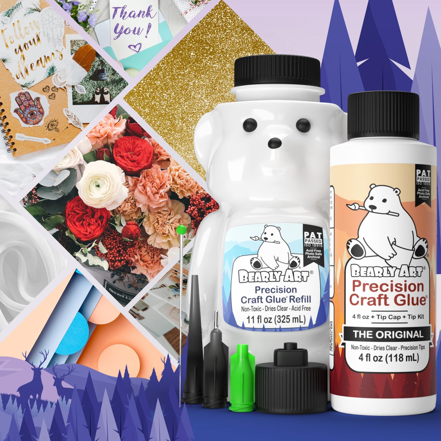 Bearly Art Precision Craft Glue -The Bundle - 4fl oz and 11fl oz Refill Bear - Tip Kit Included - Wrinkle Resistant - Flexible and Crack Resistant - Strong Hold Adhesive - Made in USA