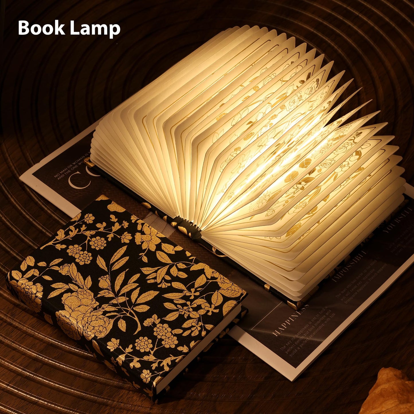 ZBOLE Floral Print Book Light,3-Color Book Lamp Book Lovers Gifts | 1200mAh Portable Foldable Paper Desk Lamp | Night Reading Bookshelf Lamp, Gifts for Women Birthday Ambient Lighting(Black Gold)