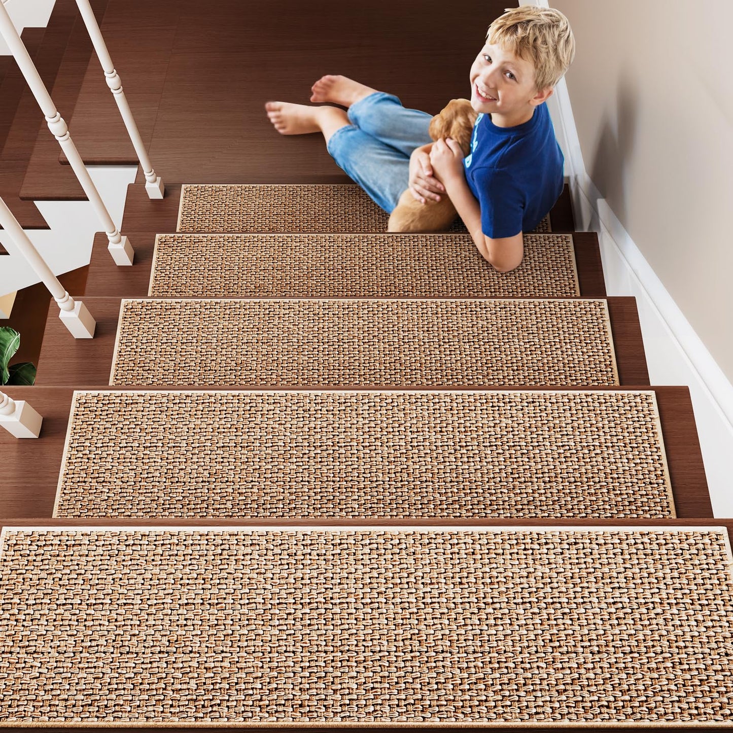 PADOOR Stair-Treads Non Slip, 7PCS Stair Runner for Wooden Steps, Residue Free Stair Treads Stair Carpet Mat for Kids and Dogs Indoor 8"x30" Beige