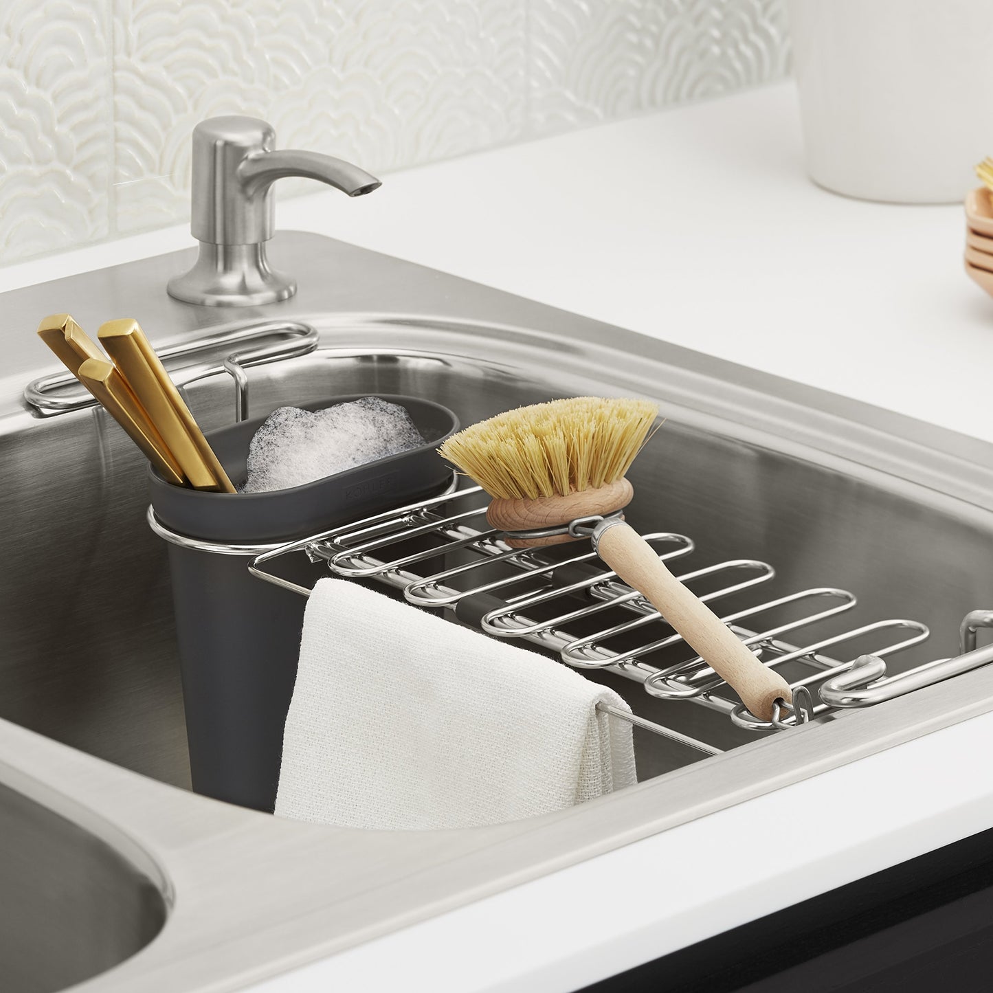 Kohler Multi-Purpose Over-The-Sink Drying Rack, Caddy with Kitchen Towel Bar Holder, Soaking Cup. Expandable 14.6" to 17.6", Stainless Steel, Charcoal