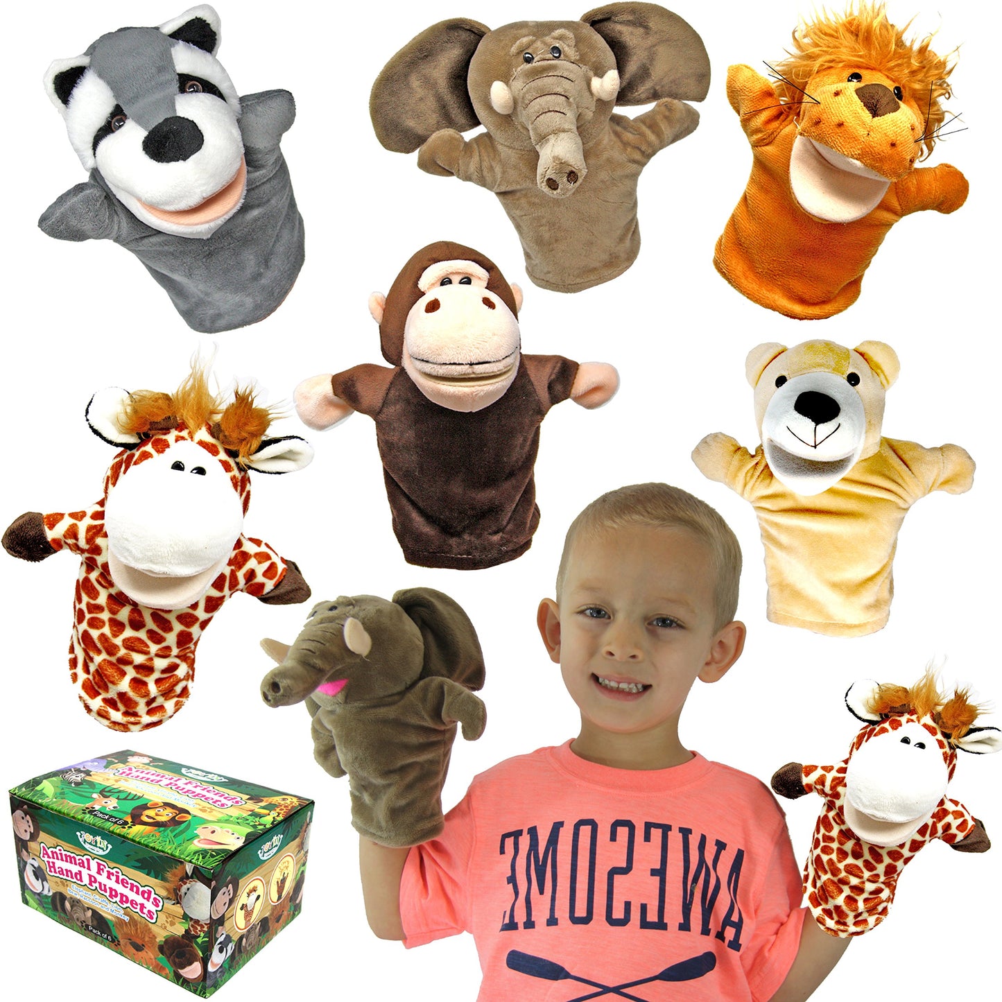 JOYIN 6Pcs Kids Hand Puppet Set with Working Mouth, Toddler Animal Plush Toy Includes Elephant, Giraffe, Lion, Bear, Raccoon and Monkey for Show Theater, Birthday Gifts, Easter Basket Stuffers