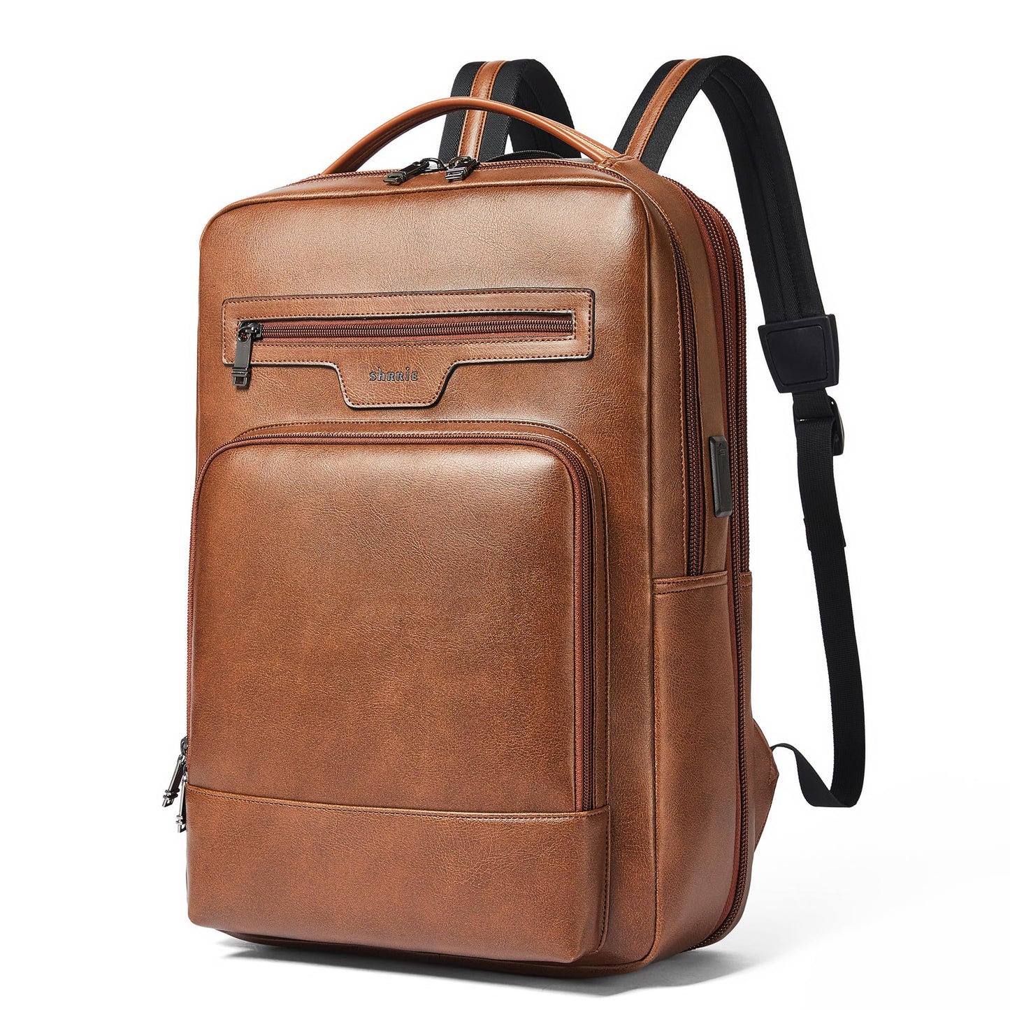 Shrrie Leather Laptop Backpack for Women and Men,28 L Travel Backpack Computer Bag Fits 16 inch Laptop,Expandable Casual Daypack with USB Charging Port for Work Business Weekender College,Brown