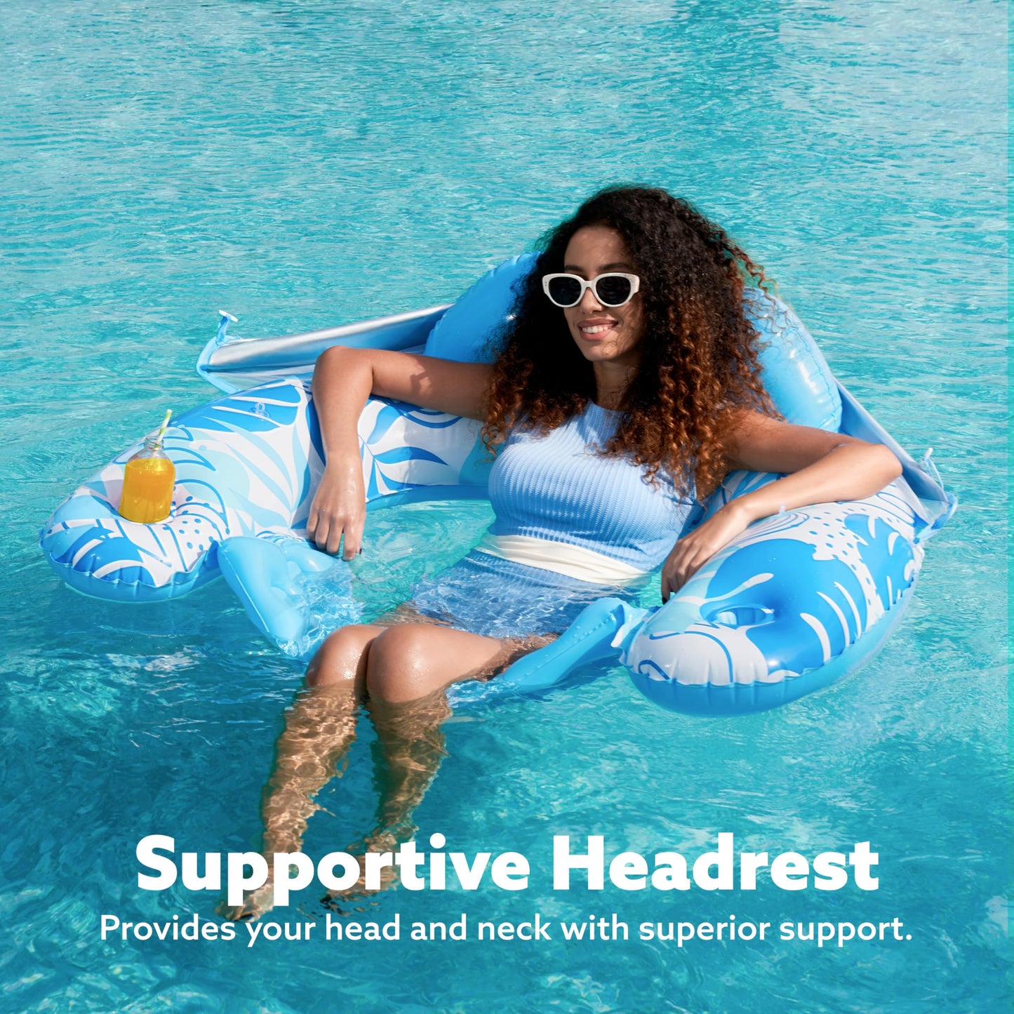 Sloosh Pool Floats with Canopy Adult,XL Inflatable Pool Lounge Chairs with Cup Holders,Floating Chair for Adults,Inflatable Floaties with Headrest for Party Beach Summer Water Fun,Blue