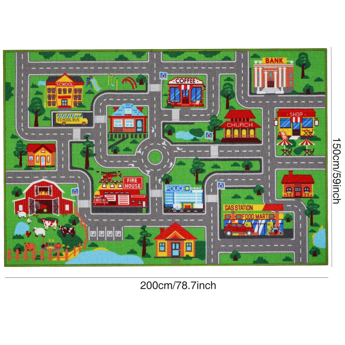 Mfmiudole Kids Carpet Car Play Rug, 7'X5' Non-Slip Kids Rug for Playroom, Town City Road Map Rug, Extra Large Boys Children Car Track Carpet for Playroom, Bedroom, Living Room (Green, 200X150 CM)