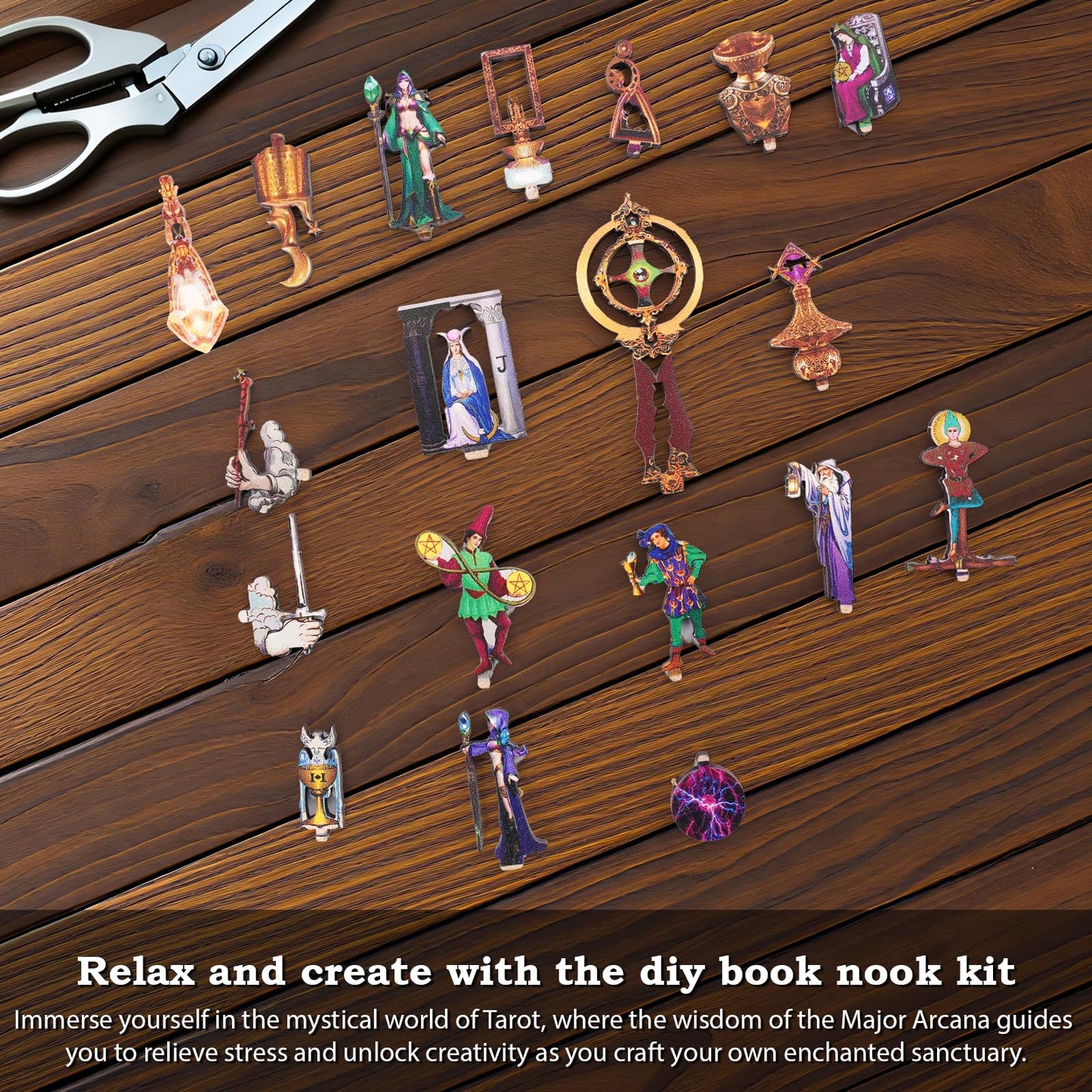 Book Nook Kit - DIY Miniature Dollhouse with LED Lights for Adults & Teens, Fantasy Tarot-Themed 3D Wooden Bookshelf Decor, for Craft Lovers