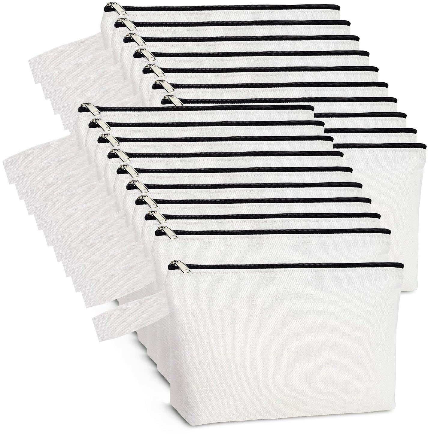 20 Pack 12Oz Blank Makeup Bags with Bottom and Strap, KOOLMOX Multi-Purpose Large Canvas Zipper Toiletry Organization Pouch Blank Bag for HTV Crafts (White Bag w/Black Zipper, L, 12.2x7.4X 2.7'')