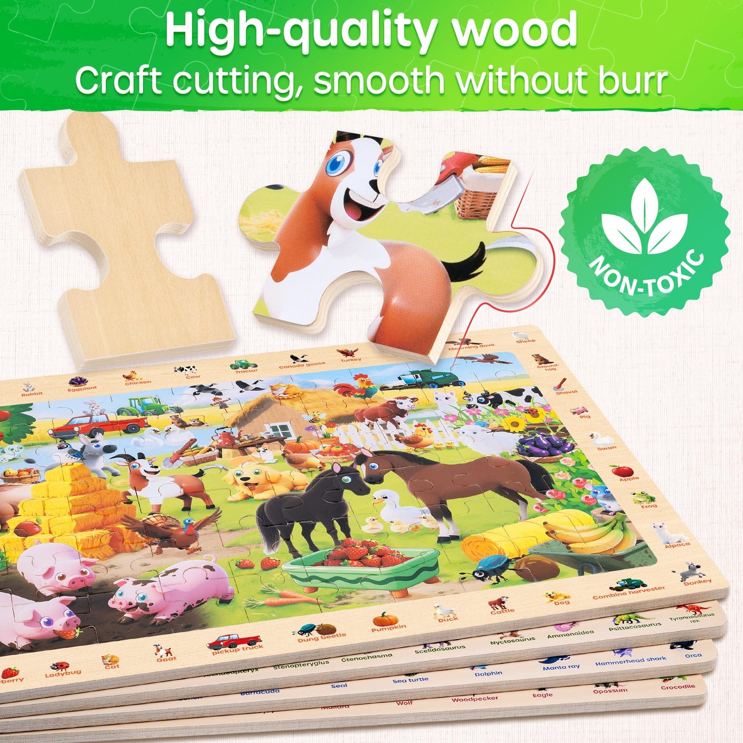 SYNARRY Wooden Dinosaur Farm Ocean Animal Puzzles for Kids Ages 4-6, 4 x 60 Piece Match & Find Puzzles for Kids Ages 3-5 Boys Girls, Preschool Educational Puzzle Toddlers Gifts for 4-8 Year Old