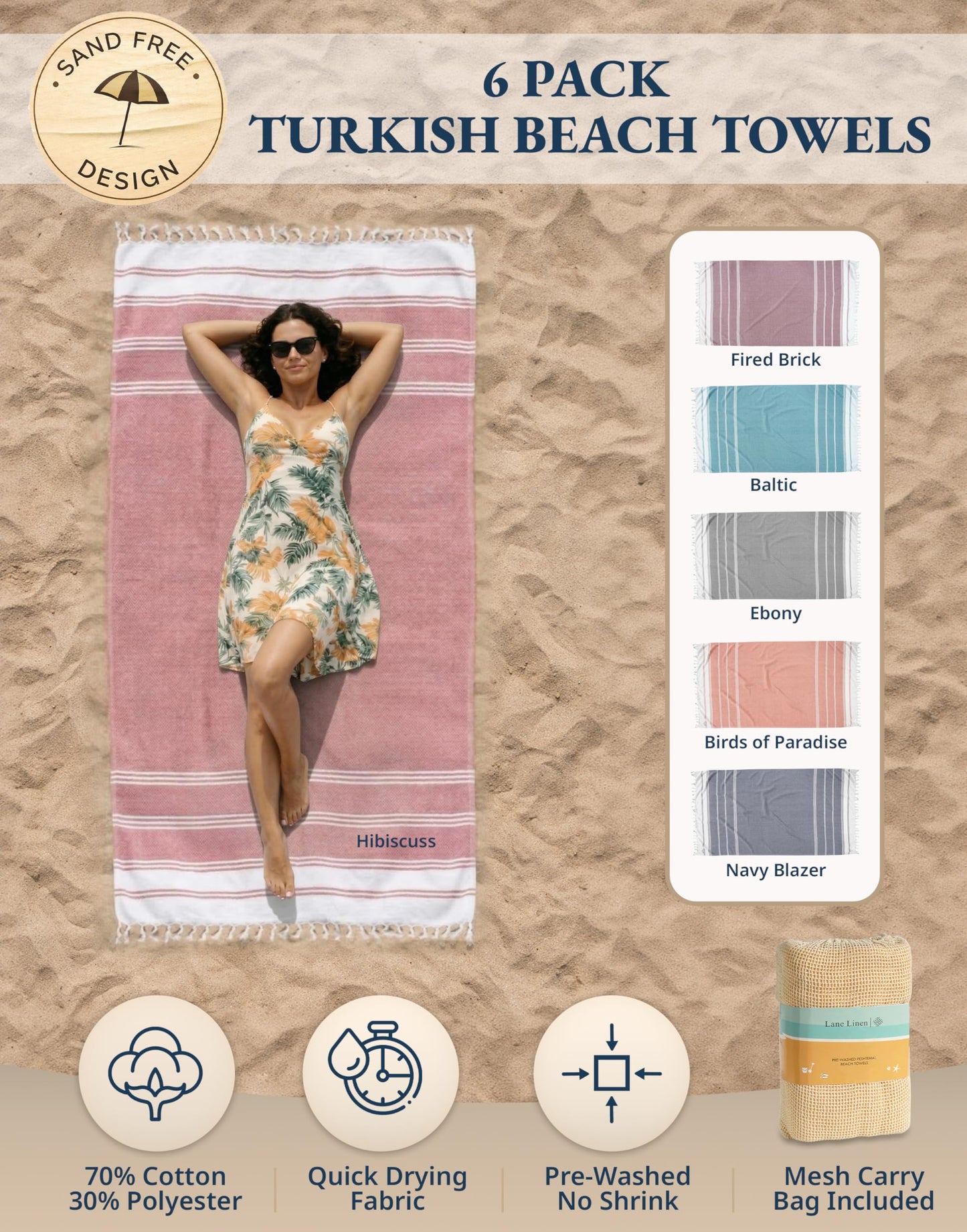 Lane Linen Beach Towels 6 Pack, Oversized Beach Towel, Pre-Washed Large Beach Towel, Stylish Pool Towels for Adults, Quick Dry Beach Towel, Lightweight Travel Towel, 39"x71" - Multi Colors