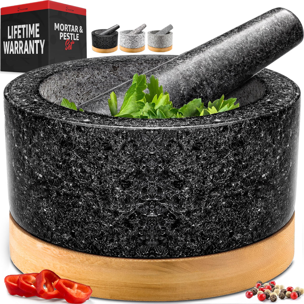 Heavy Duty Mortar and Pestle Set with Bamboo Base, Large 4 Cups, 100% Natural Granite Mortar and Pestle Large Stone Grinder Bowl, Molcajete Bowl, Masher Guacamole Bowls, Polished Black