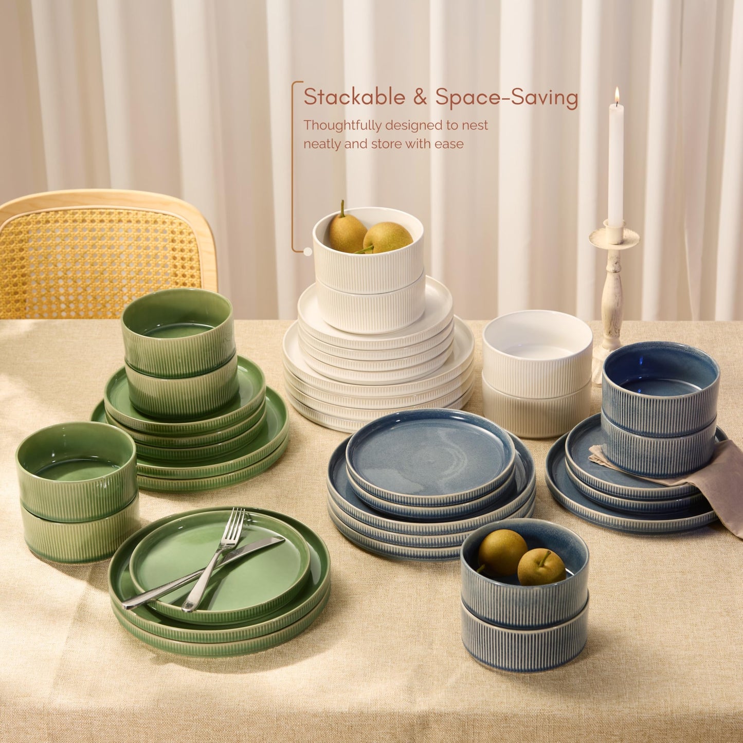 Ceramic Dinnerware Set, by Vase and Vessel, 12-Piece Service for 4, 9.8” Dinner Plates, 8” Salad Plates, 20 oz Bowls, Ombre Reactive Glaze, Durable Stoneware, Microwave & Dishwasher (Powder White)