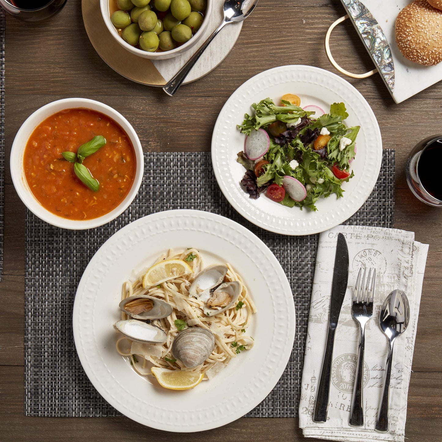 Tabletops Gallery Embossed White Porcelain Round Dinnerware - Bloom 12 Piece Dinnerware Set