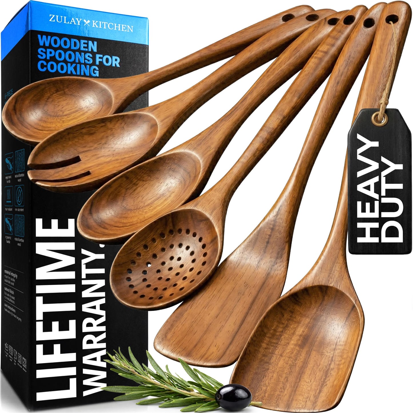 Zulay Kitchen 6-Piece Wooden Spoons for Cooking - Smooth Finish Teak Utensils - Soft Comfortable Grip Wood Spoons - Non-Stick Wooden Cooking Utensils - Teak Spoon Utensil Sets